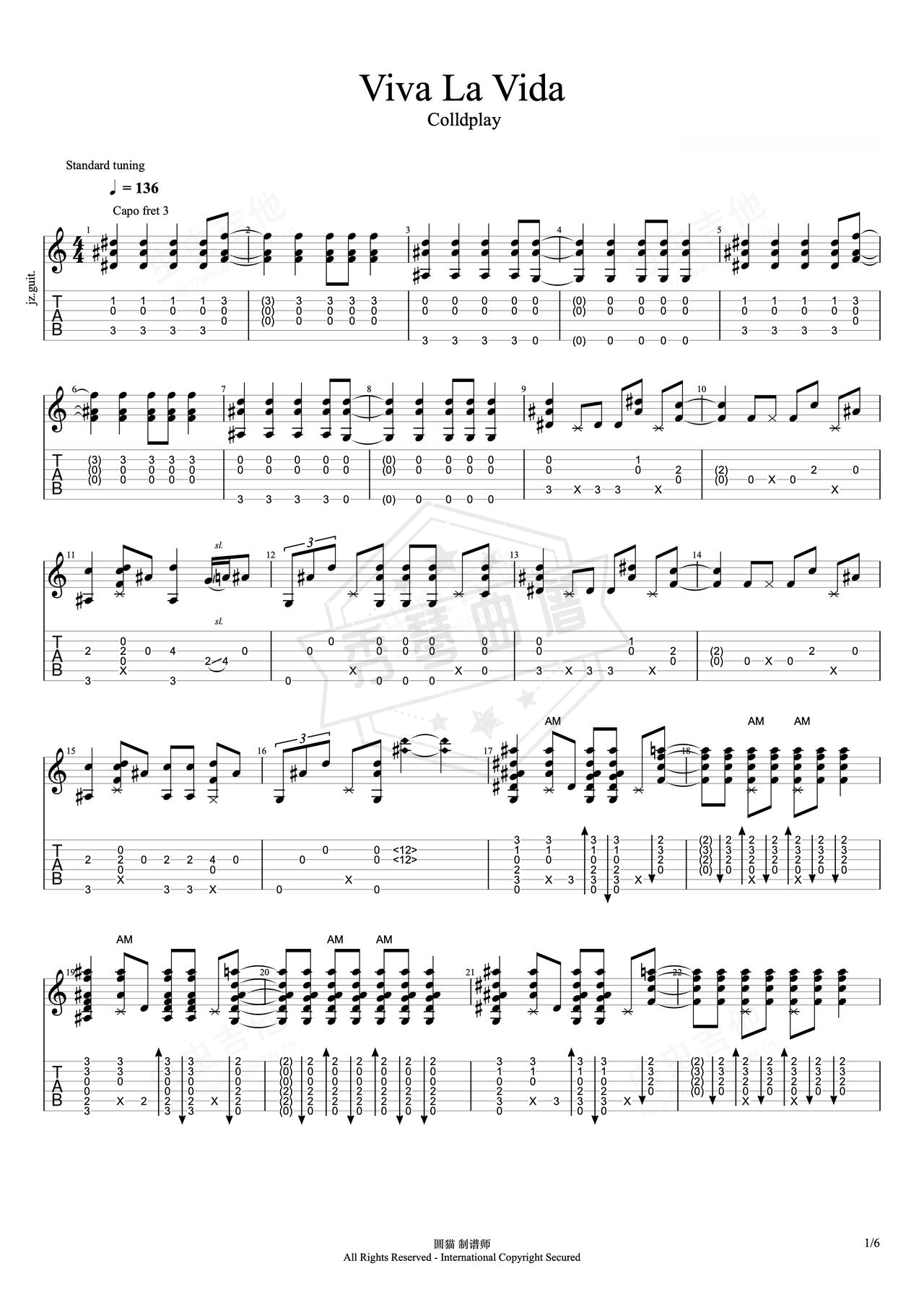《Viva La Vida》吉他简谱Eb调指弹谱（Colldplay）-秀琴曲谱网