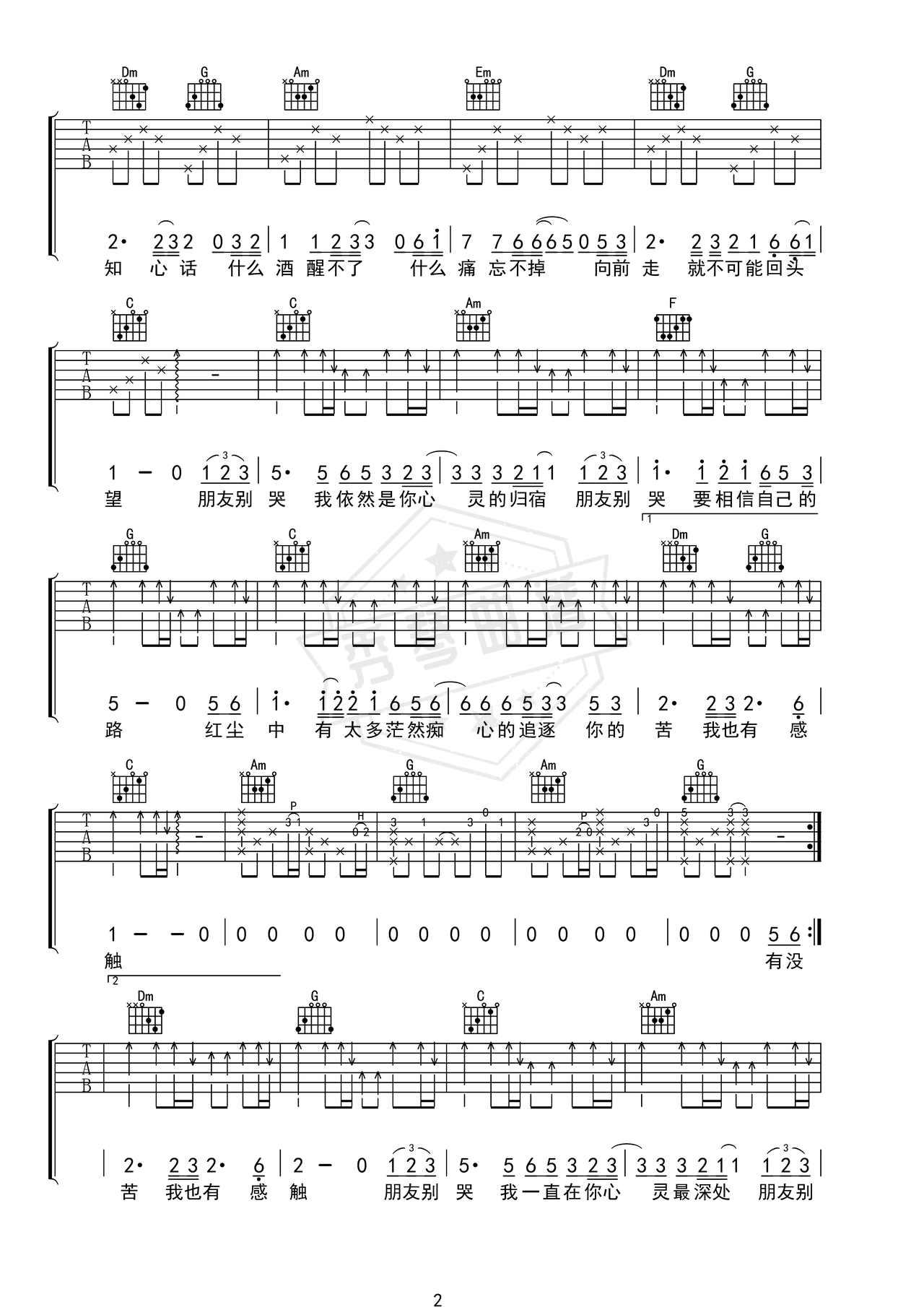 图片[2]-《朋友别哭》吉他简谱C调弹唱谱（吕方）-秀琴曲谱网