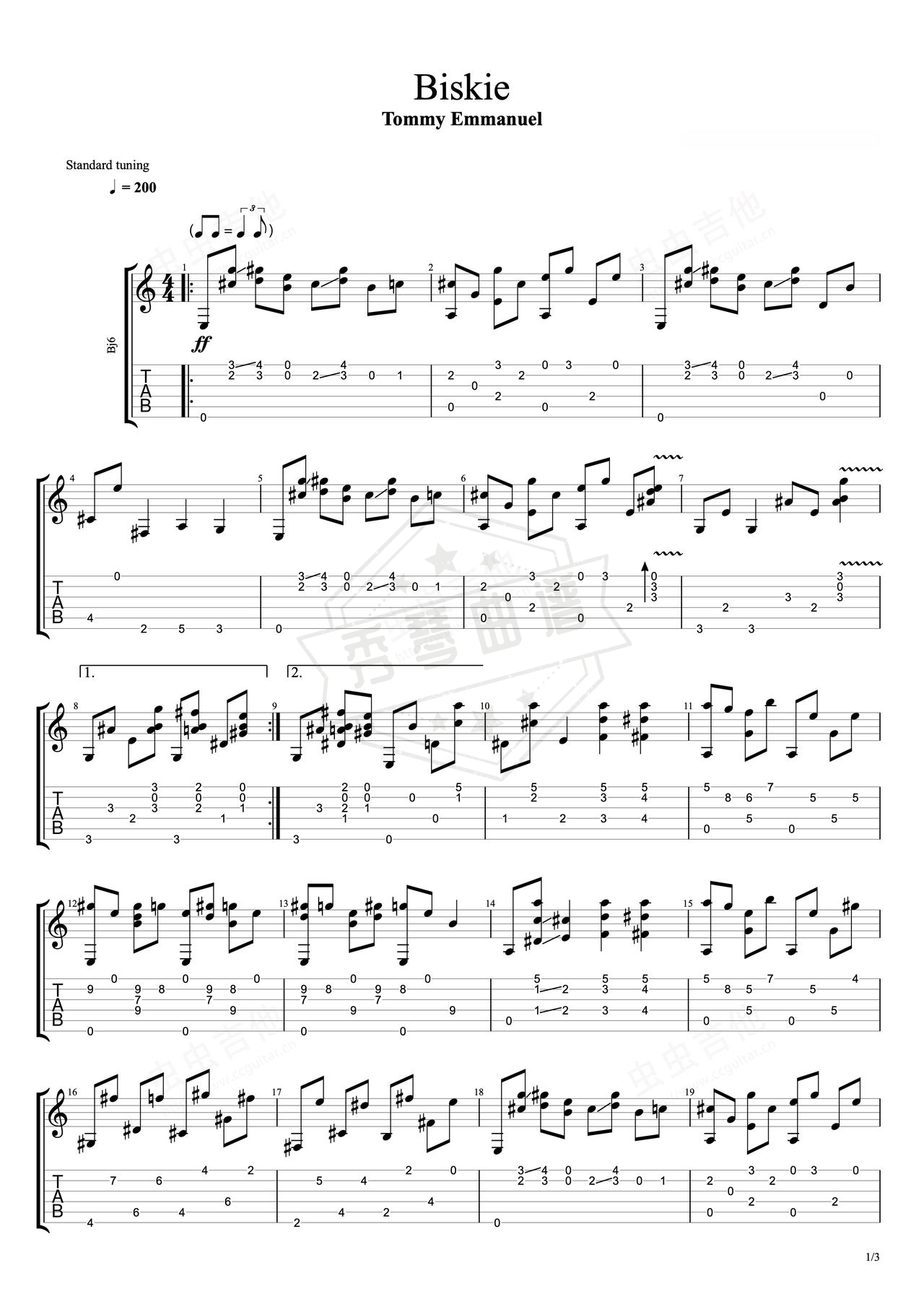 《Biskie》吉他简谱F调指弹谱（Tommy Emmanuel）-秀琴曲谱网