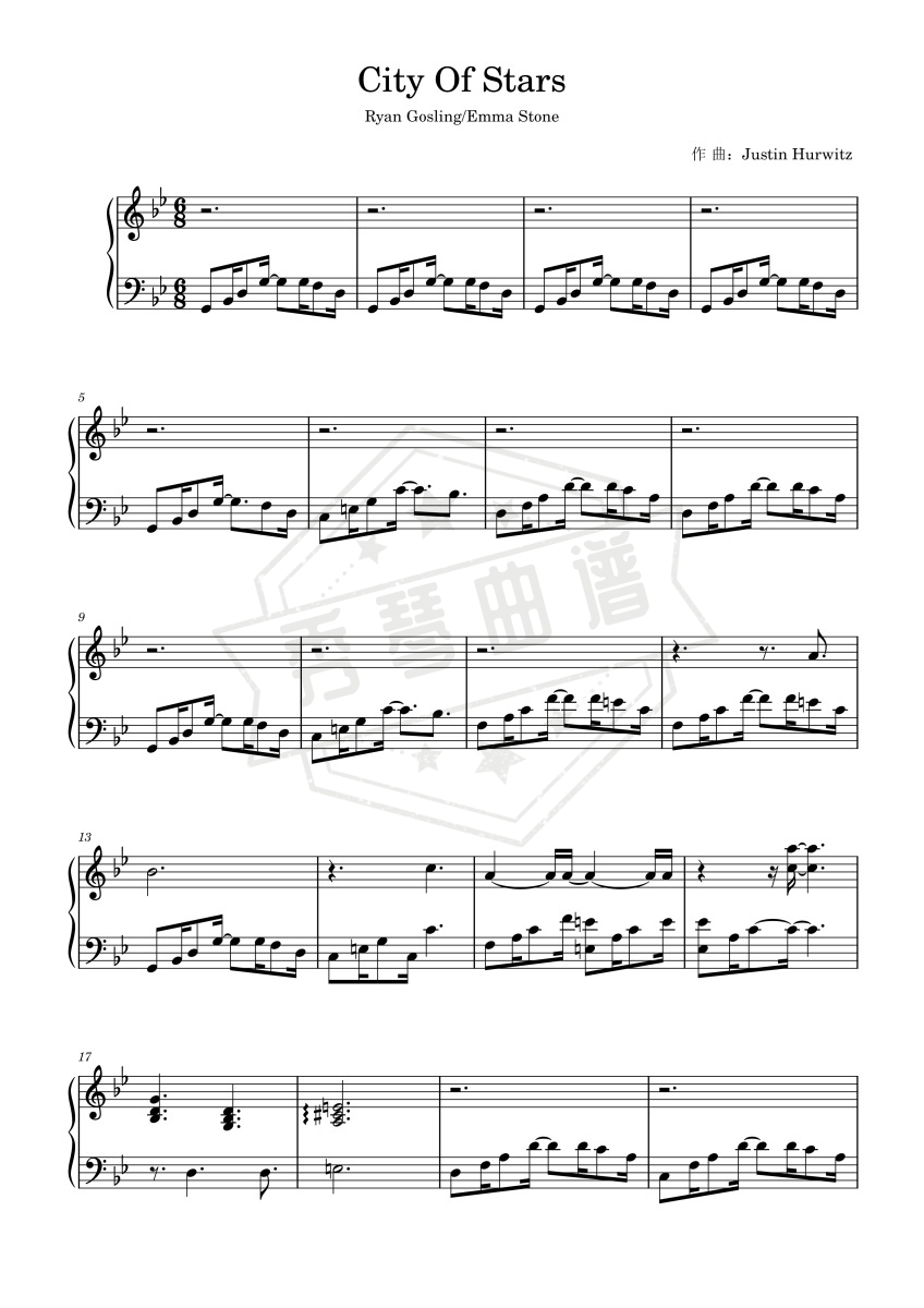 City Of Stars-完美复现原曲伴奏-秀琴曲谱网