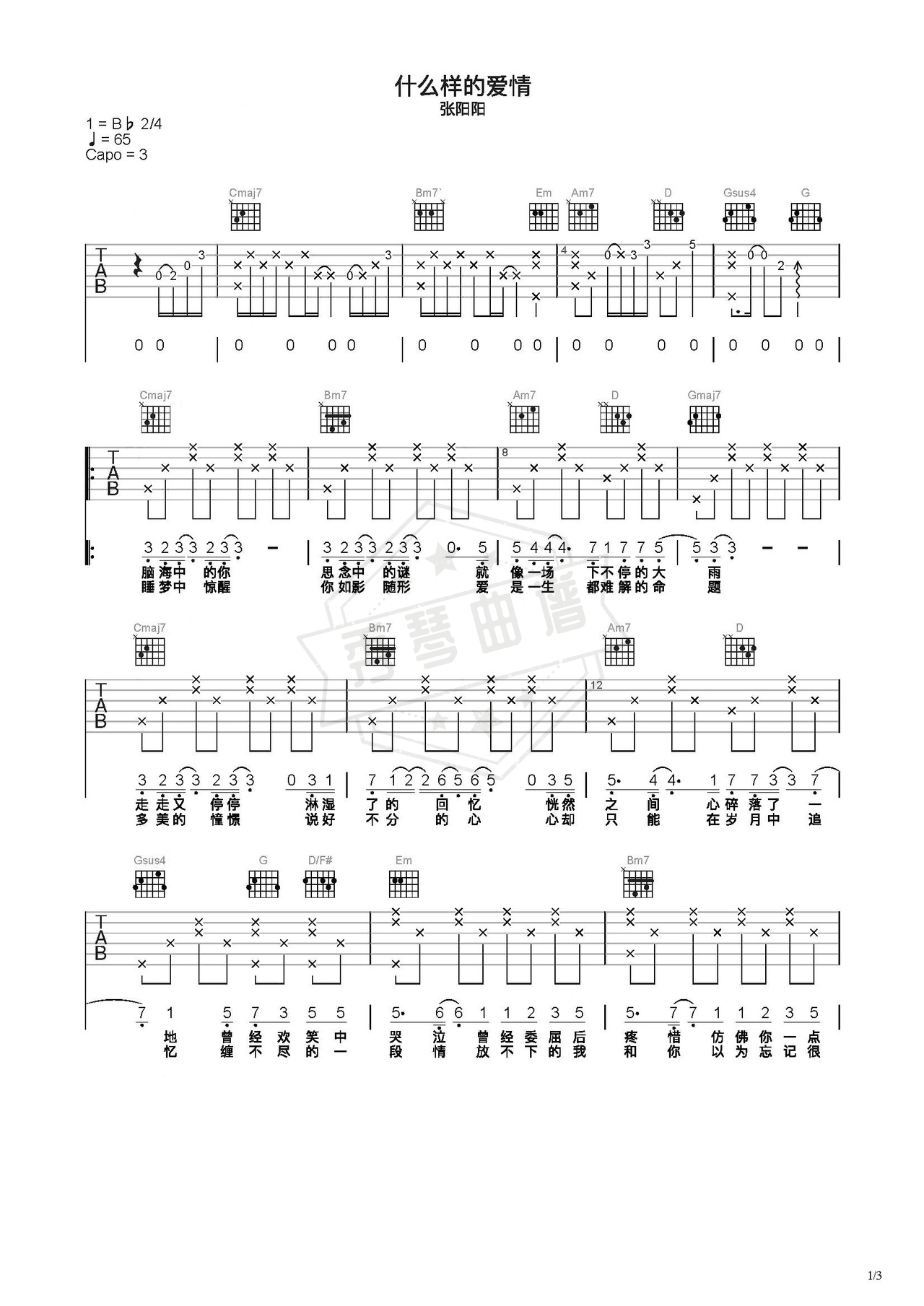 《什么样的爱情》吉他简谱C调弹唱谱（张阳阳）-秀琴曲谱网