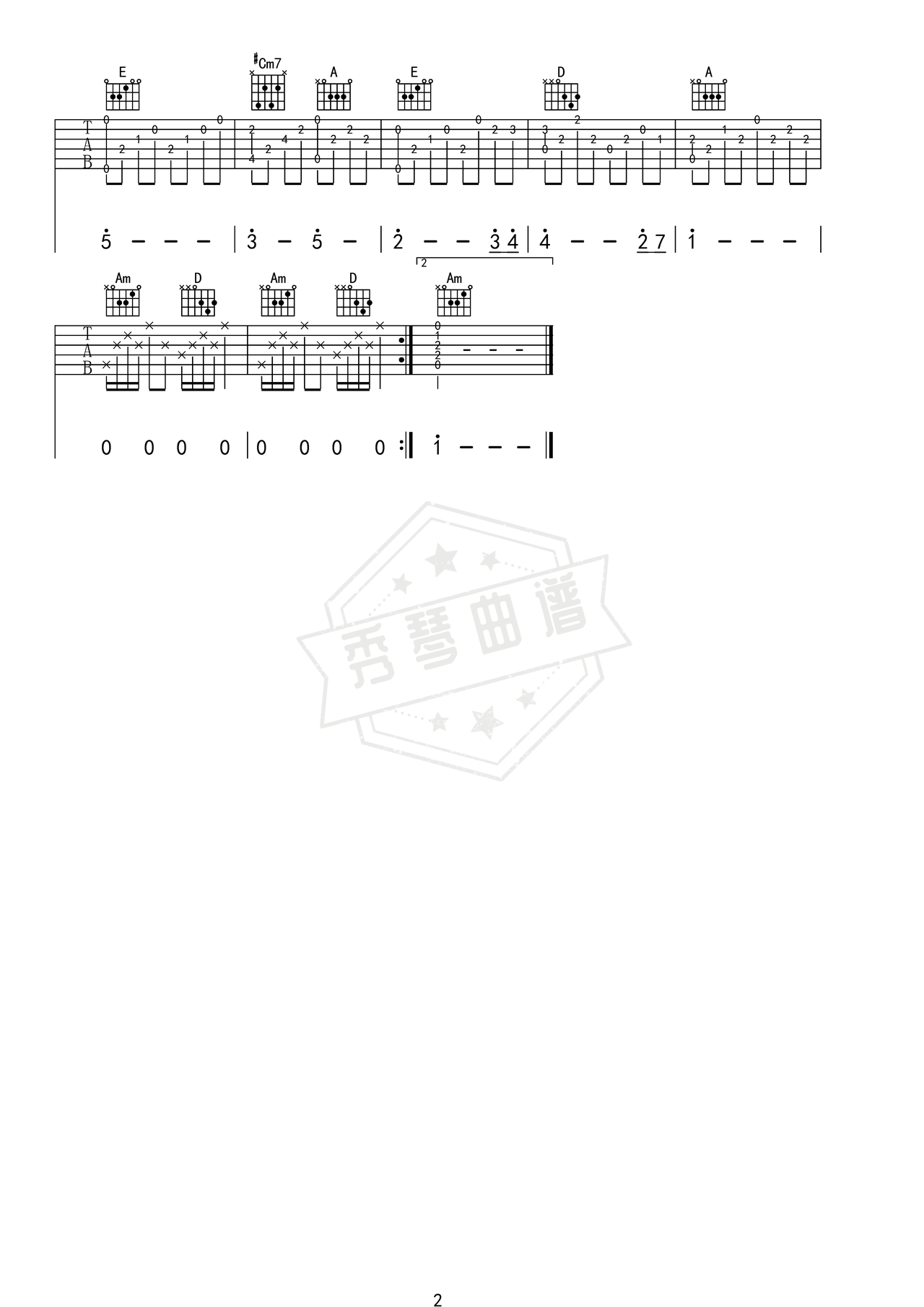 图片[2]-《蓝色的爱钢琴曲改编》吉他简谱C调指弹谱（佚名）-秀琴曲谱网