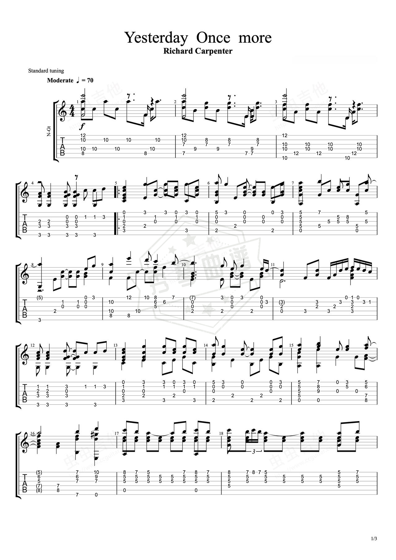 《Yesterday  Once  more》吉他简谱C调指弹谱（Richard Carpenter）-秀琴曲谱网