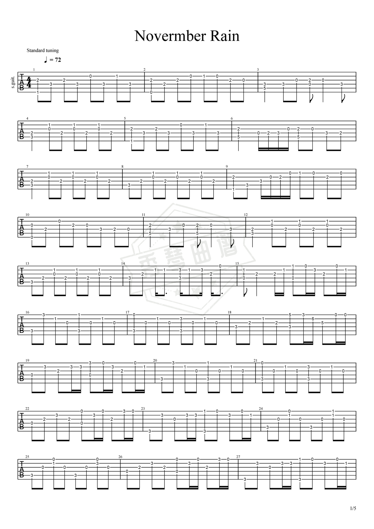 《Novermber Rain》吉他简谱C调指弹谱（Guns n' Roses）-秀琴曲谱网