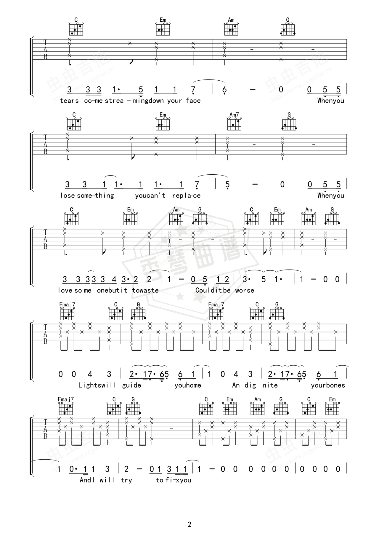 图片[2]-《Fix You》吉他简谱Eb调弹唱谱（Coldplay）-秀琴曲谱网