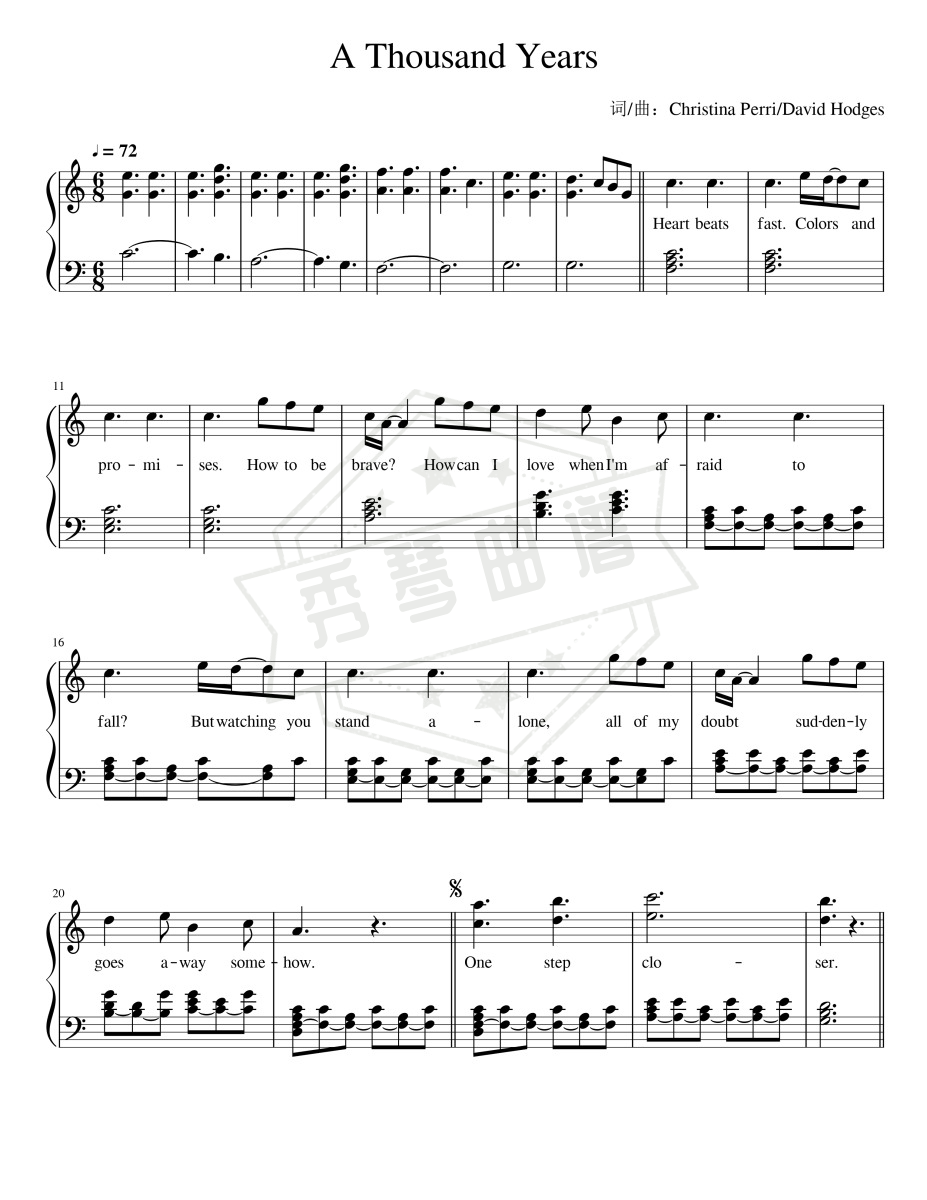 《A Thousand Years》钢琴五线谱c调弹唱版(Christina Perri)-秀琴曲谱网
