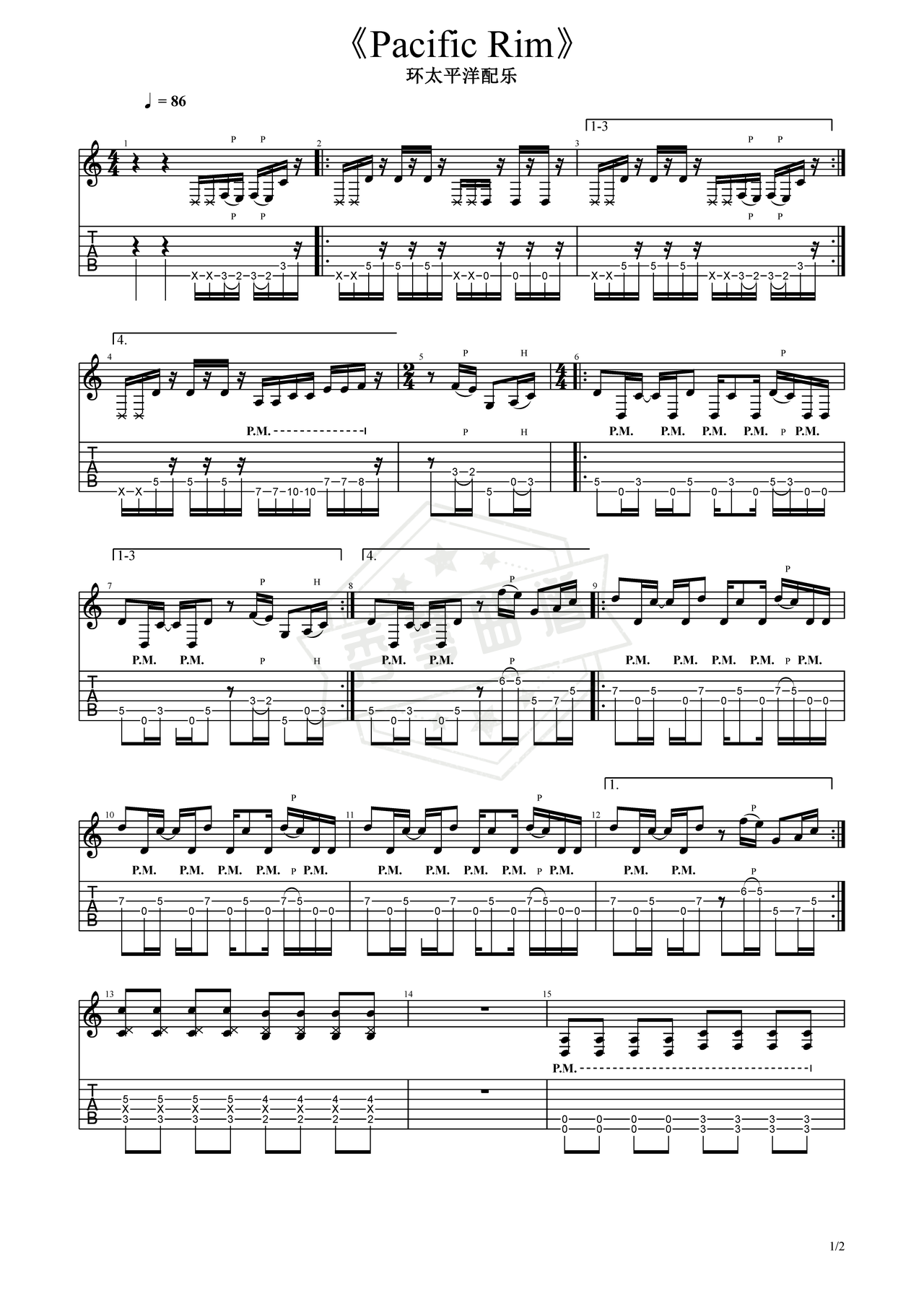 《环太平洋配乐》吉他简谱F调电吉他谱（Tom Morello）-秀琴曲谱网