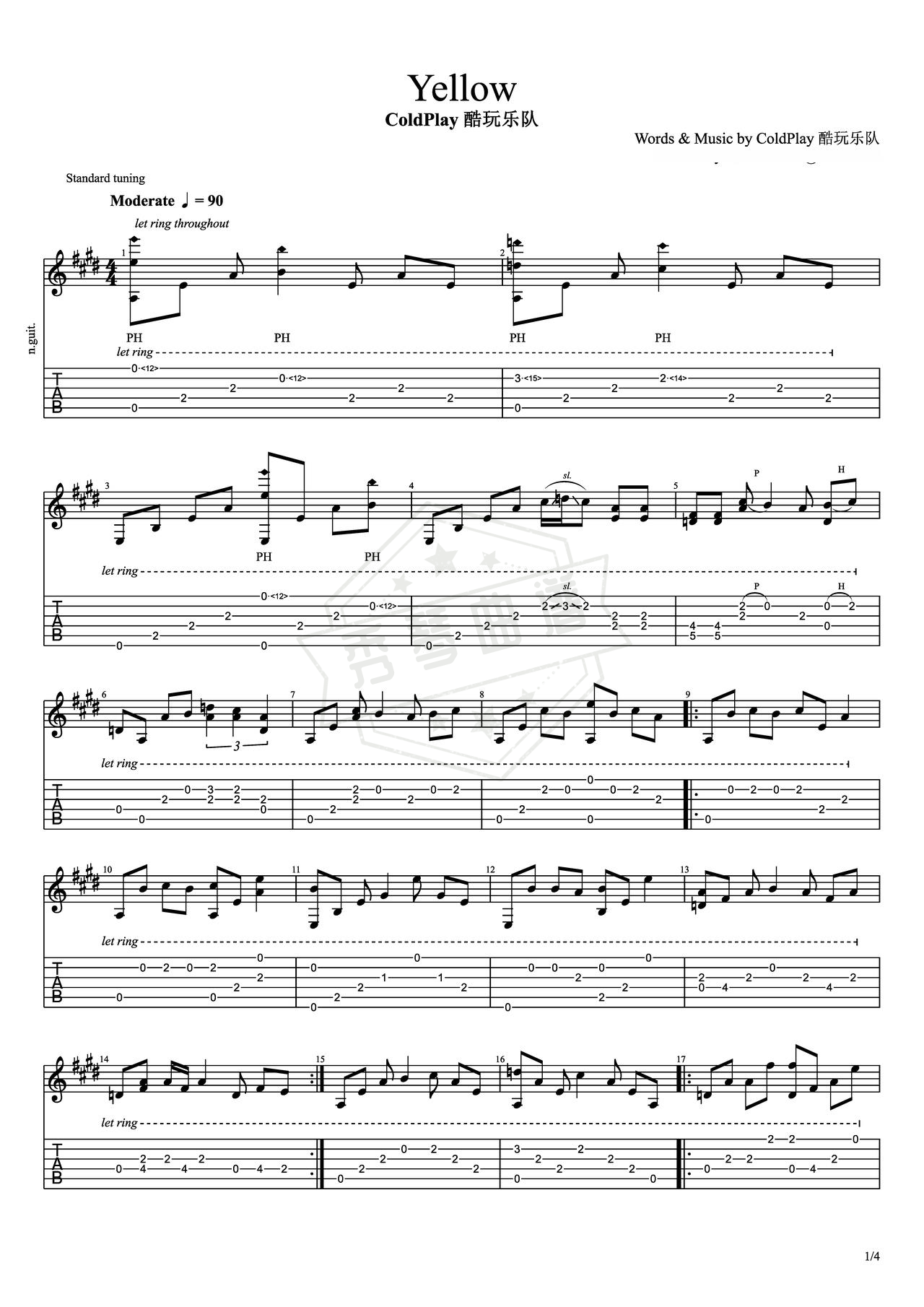 《Yellow》吉他简谱E调指弹谱（Coldplay）-秀琴曲谱网