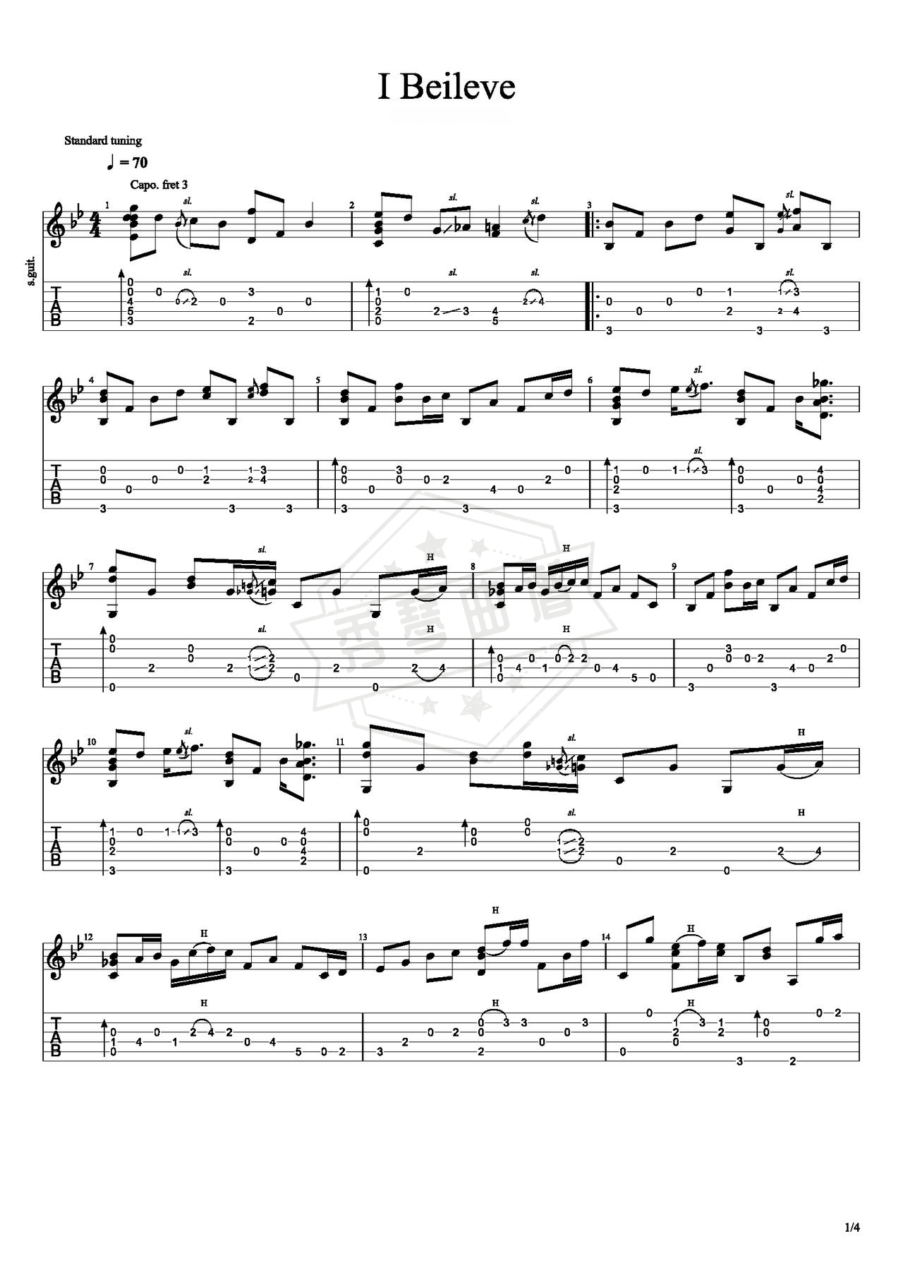 《I belive》吉他简谱C调指弹谱（张信哲）-秀琴曲谱网