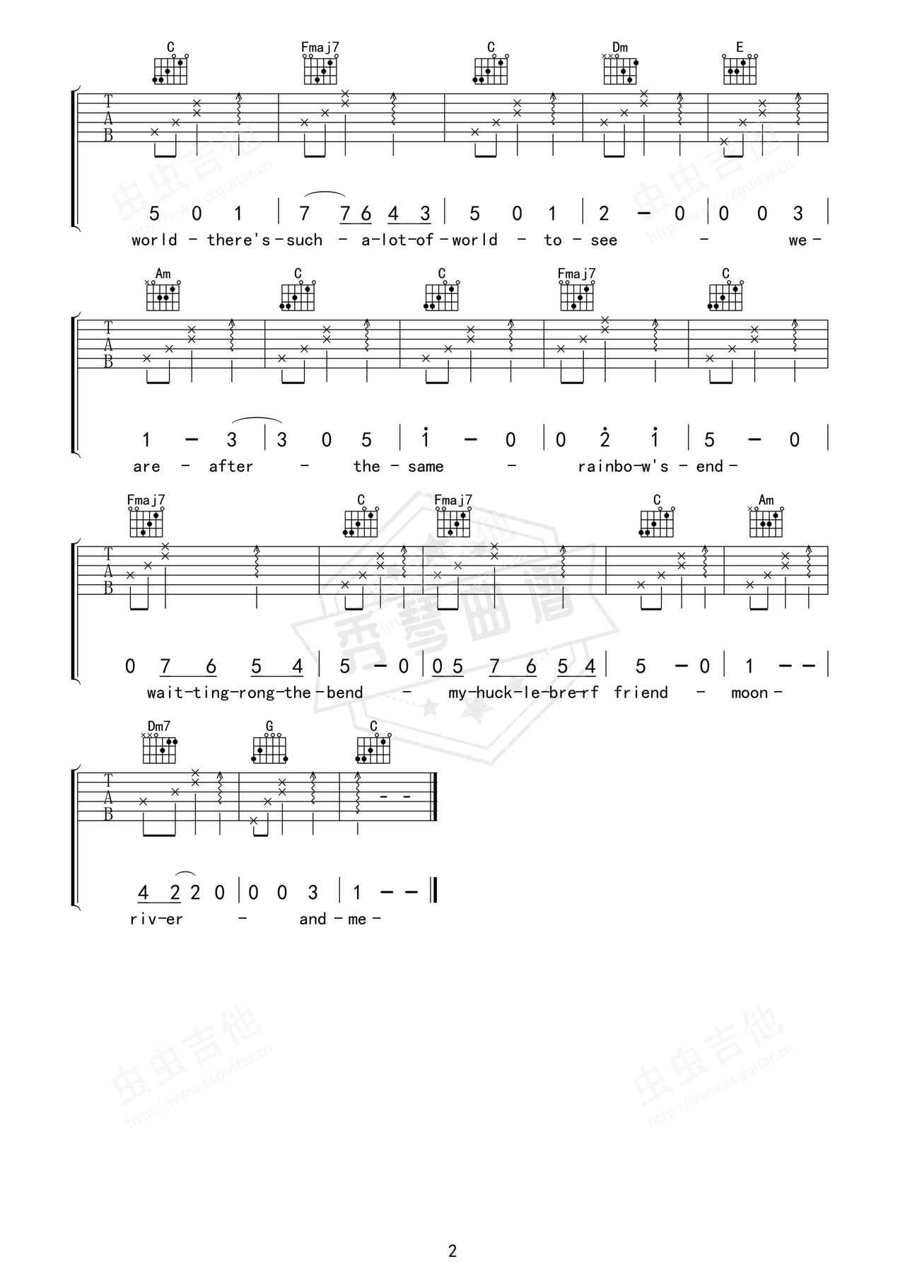 图片[2]-《Moon River》吉他简谱F调弹唱谱（奥黛丽.赫本）-秀琴曲谱网
