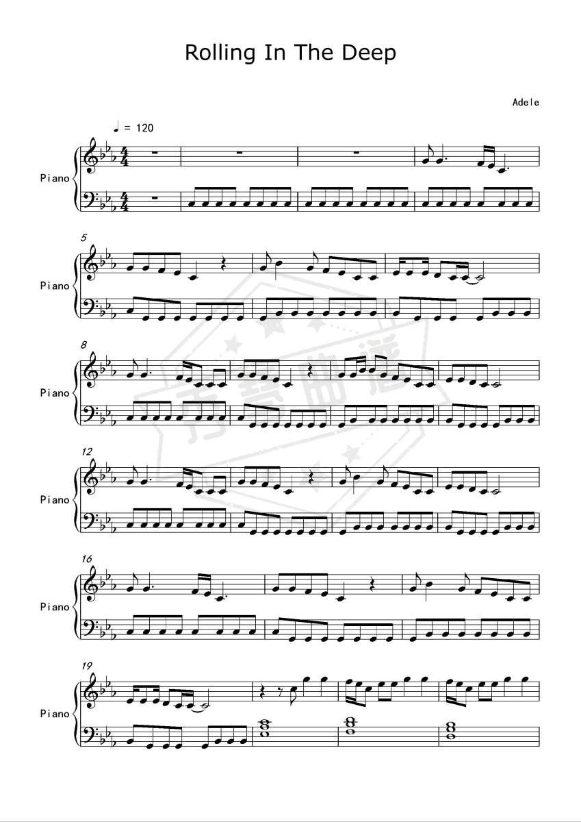 Adele阿黛尔流行灵魂歌曲Rolling In The Deep独奏钢琴谱 欧美流行-秀琴曲谱网