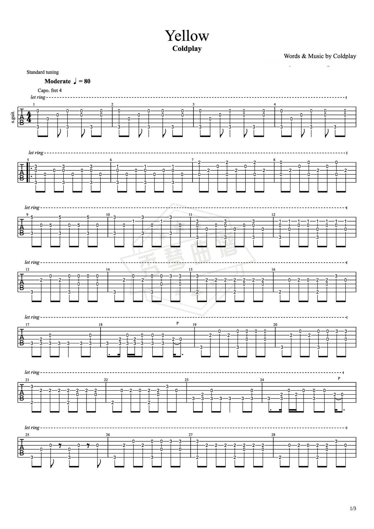 《Yellow》吉他简谱B调指弹谱（Coldplay）-秀琴曲谱网