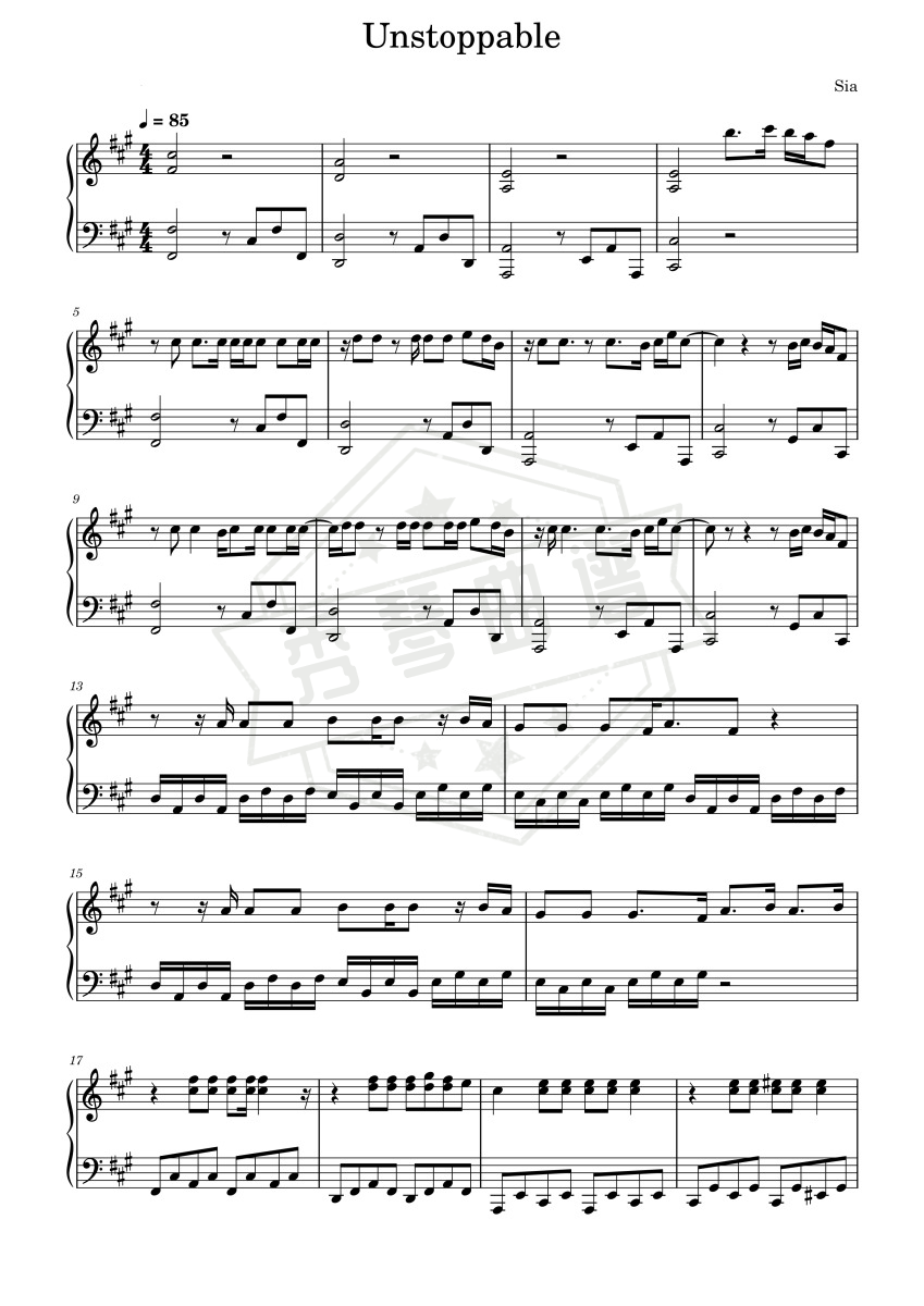 《Unstoppable》钢琴五线谱f调演奏版(Sia)-秀琴曲谱网