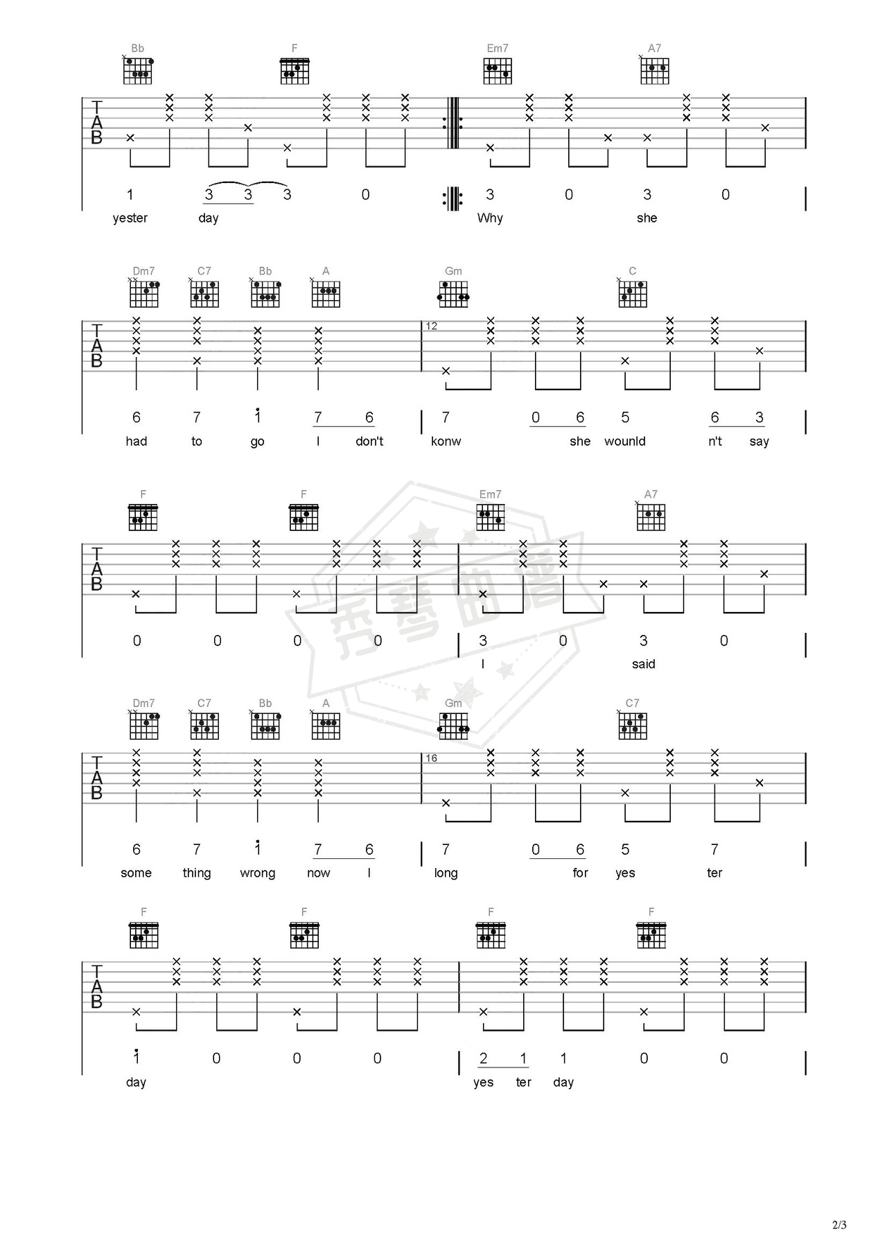 图片[2]-《yesterday》吉他简谱C调弹唱谱（The Beatles）-秀琴曲谱网