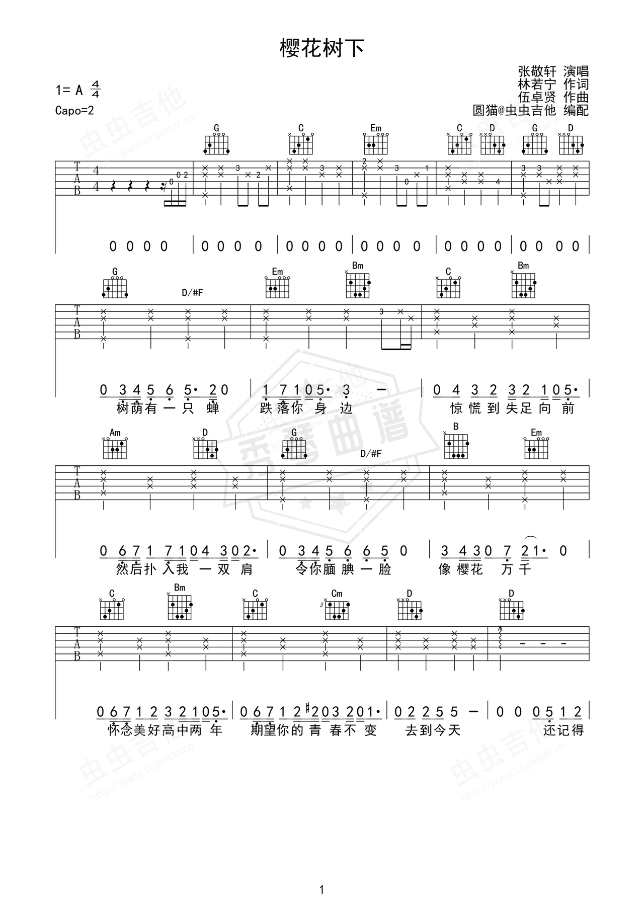 《樱花树下》吉他简谱A调弹唱谱（张敬轩）-秀琴曲谱网
