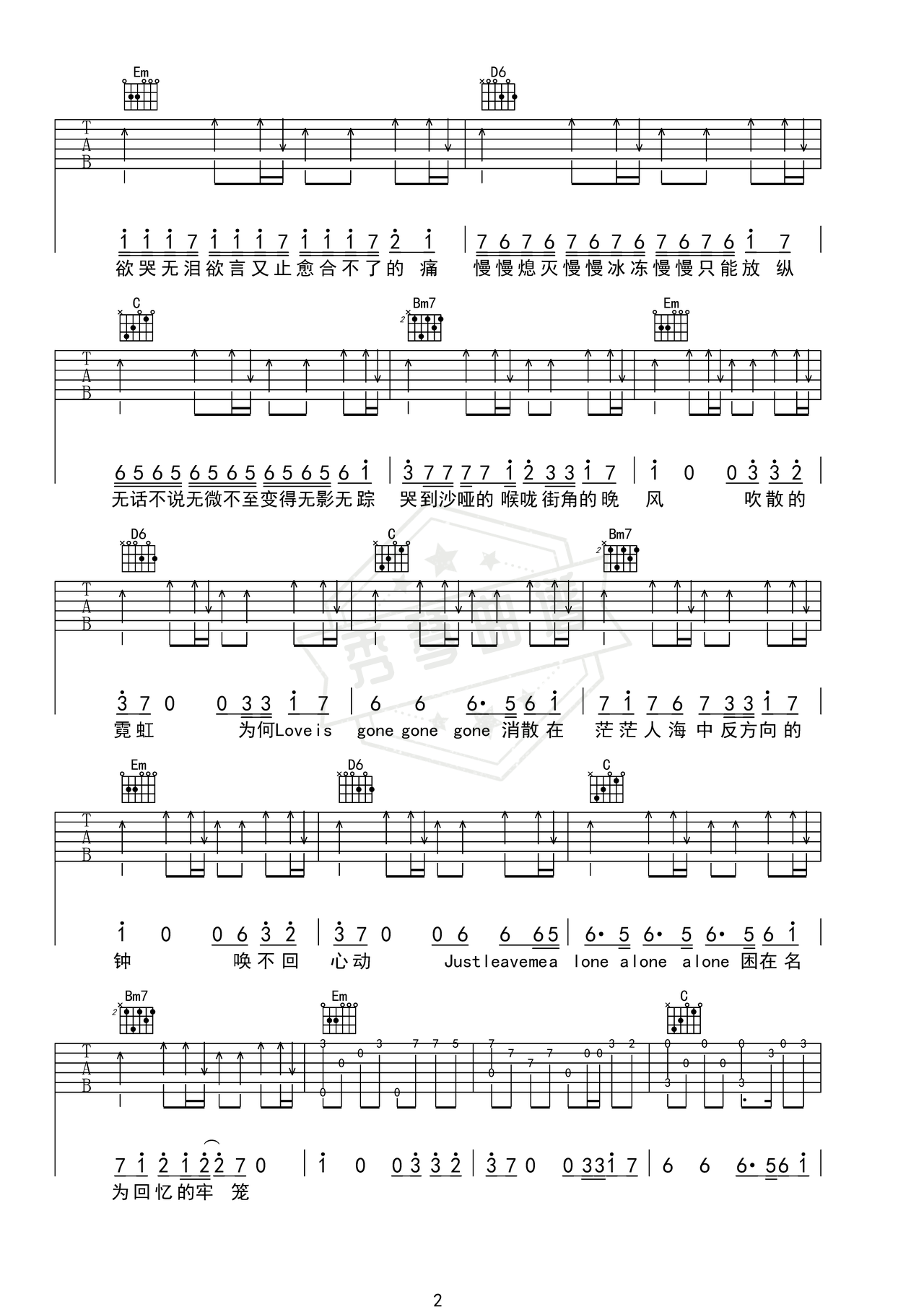 图片[2]-《街角的晚风》吉他简谱Bb调弹唱谱（励志豪/神勇尼尼）-秀琴曲谱网