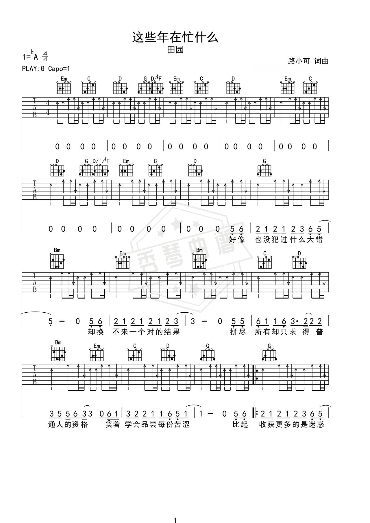 《这些年在忙什么》吉他简谱G调弹唱谱（田园）-秀琴曲谱网