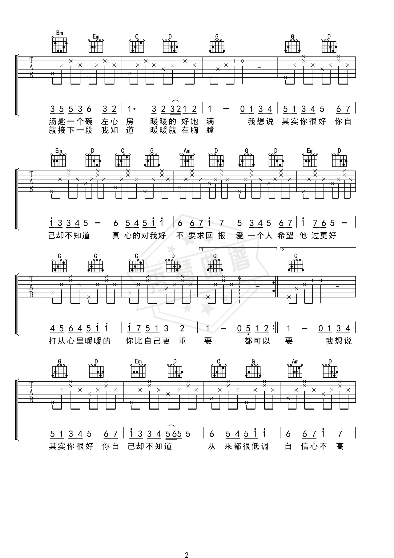 图片[2]-《暖暖》吉他简谱B调弹唱谱（梁静茹）-秀琴曲谱网