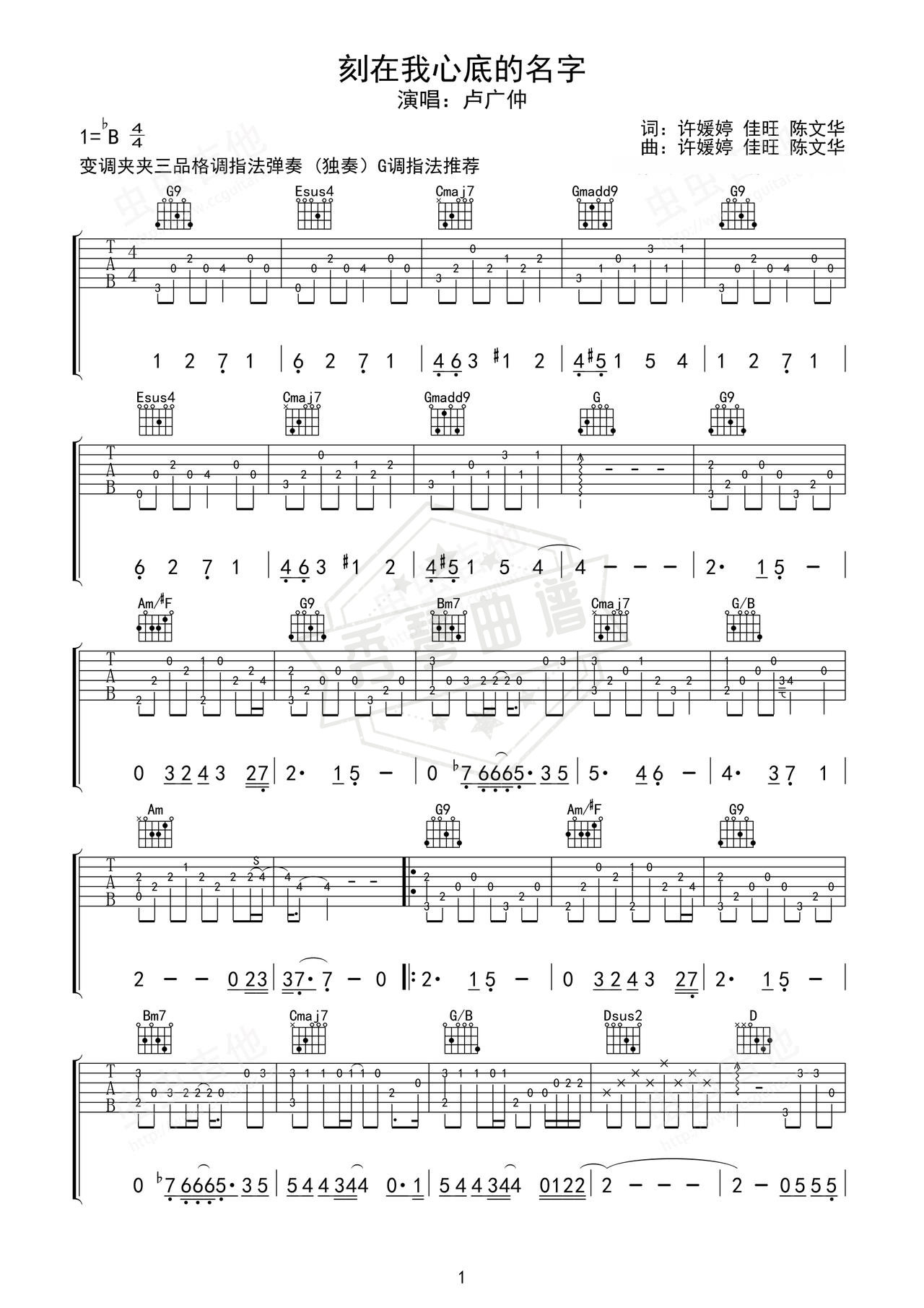 《刻在我心底的名字》吉他简谱Bb调指弹谱（卢广仲）-秀琴曲谱网