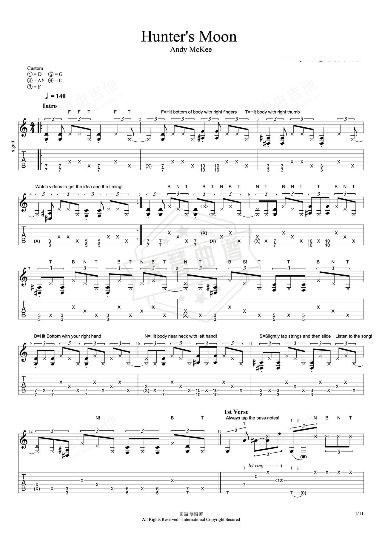 《Hunter’s Moon》吉他简谱D调指弹谱（Andy Mckee）-秀琴曲谱网
