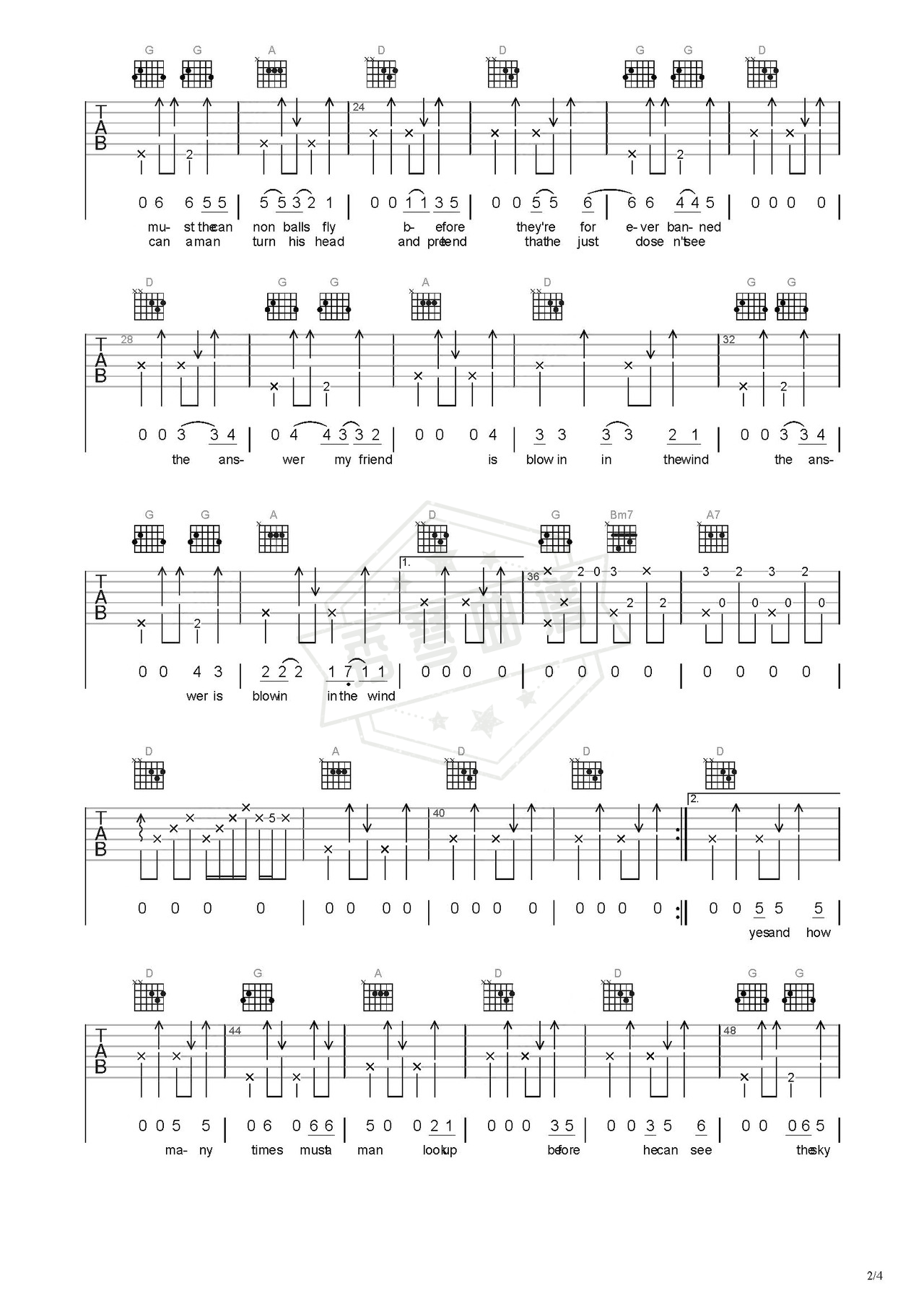 图片[2]-《blowing in the wind》吉他简谱C调弹唱谱（Bob Dylan）-秀琴曲谱网