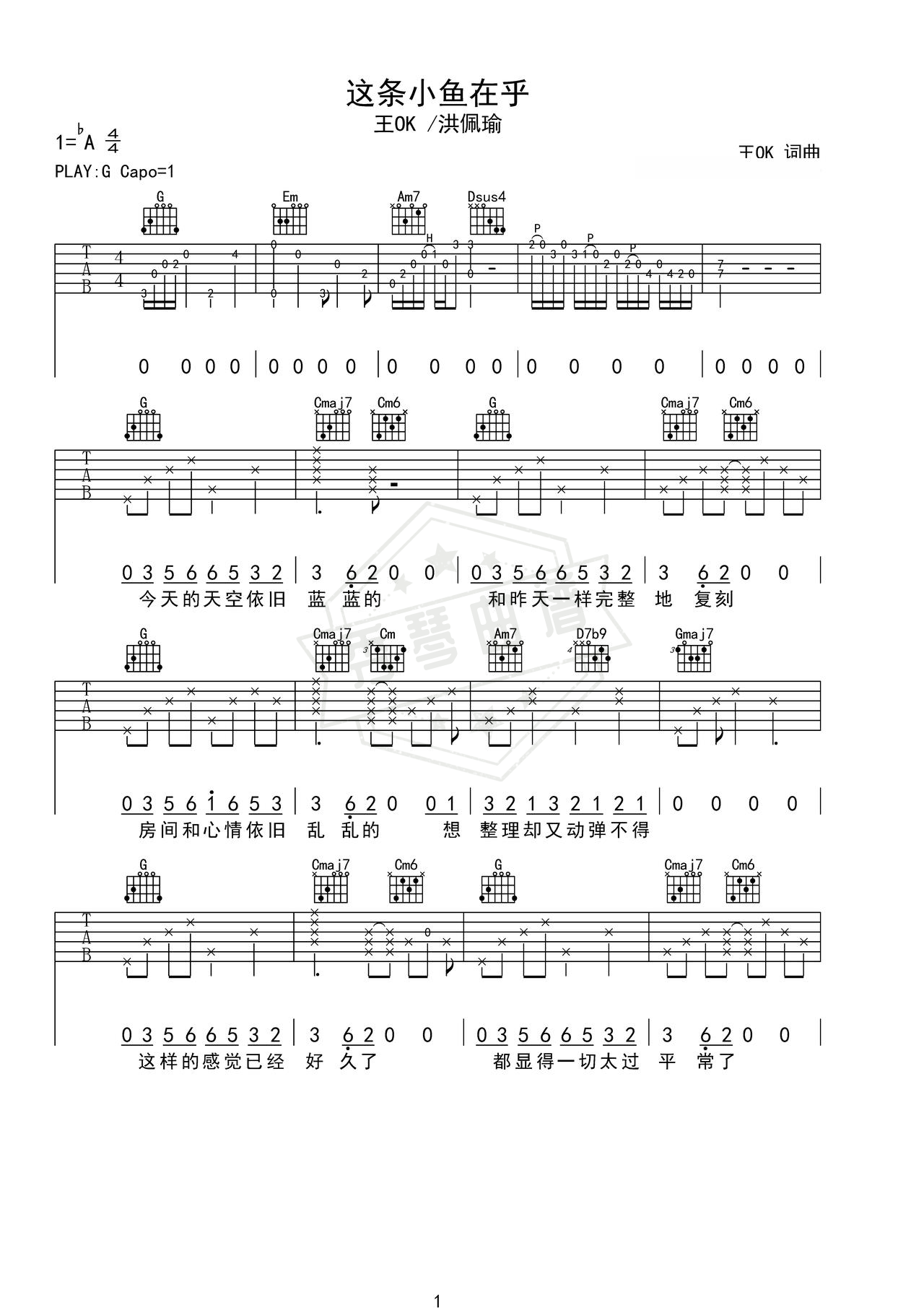《这条小鱼在乎》吉他简谱G调弹唱谱（王OK/洪佩瑜）-秀琴曲谱网