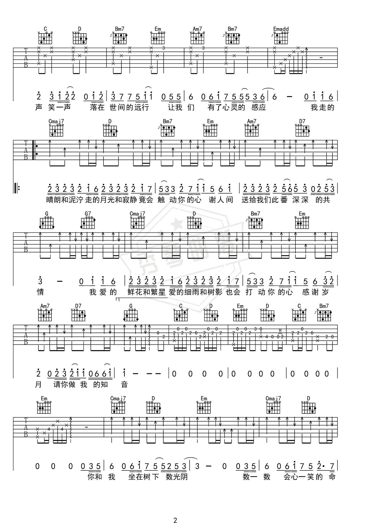 图片[2]-《人间共鸣》吉他简谱G调弹唱谱（李健）-秀琴曲谱网