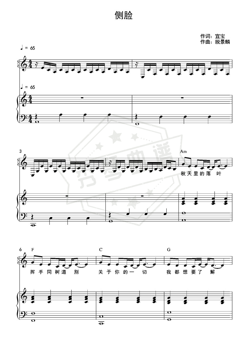 侧脸（和弦弹唱版）-秀琴曲谱网