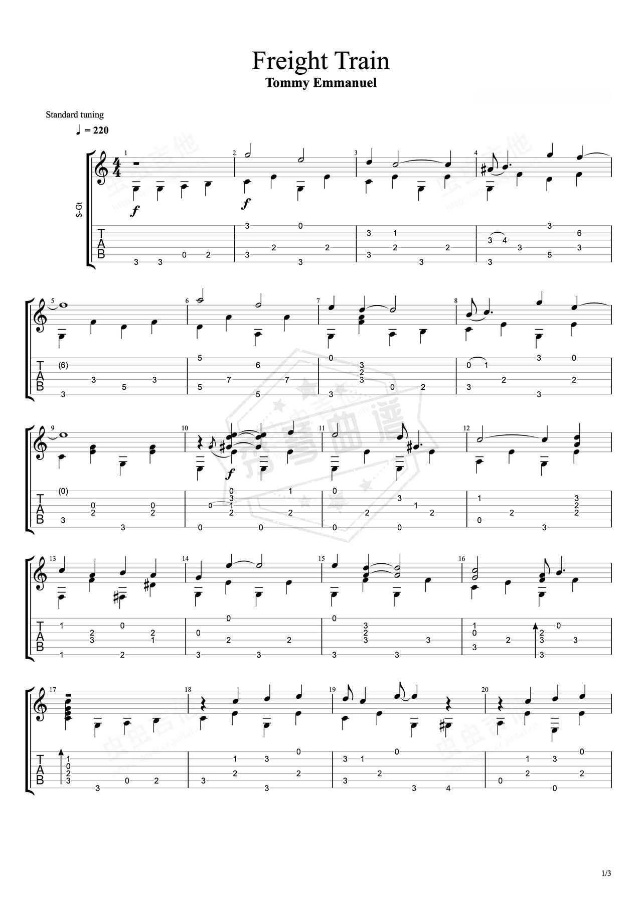 《Freight Train》吉他简谱C调指弹谱（Tommy Emmanuel）-秀琴曲谱网