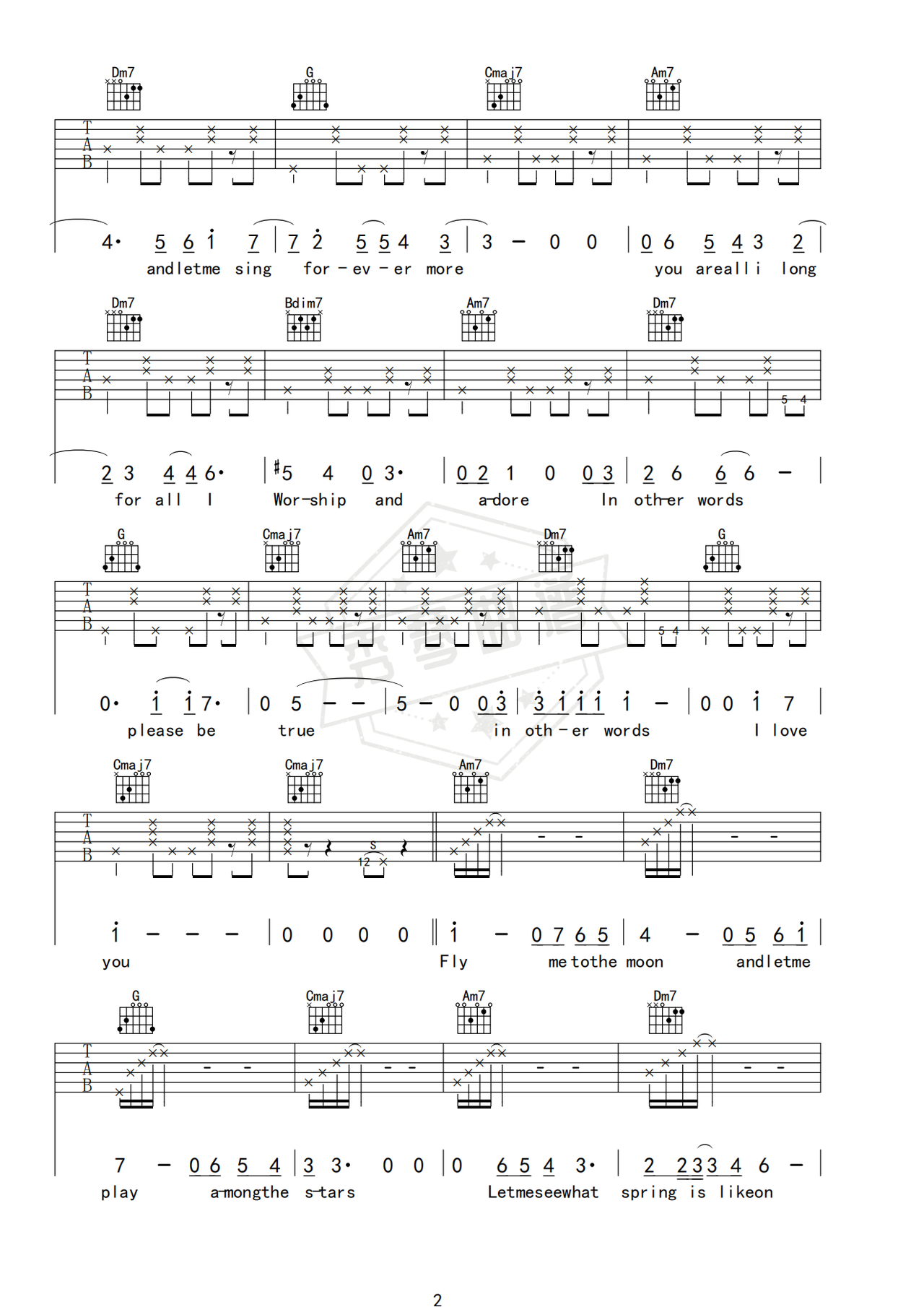 图片[2]-《Fly Me To The Moon》吉他简谱a调弹唱谱（Bart Howard）-秀琴曲谱网