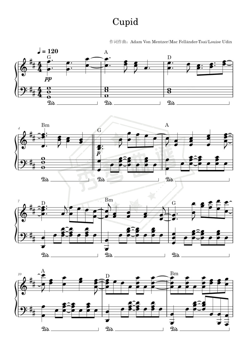 《Cupid》钢琴五线谱d调演奏版(FIFTY FIFTY)-秀琴曲谱网