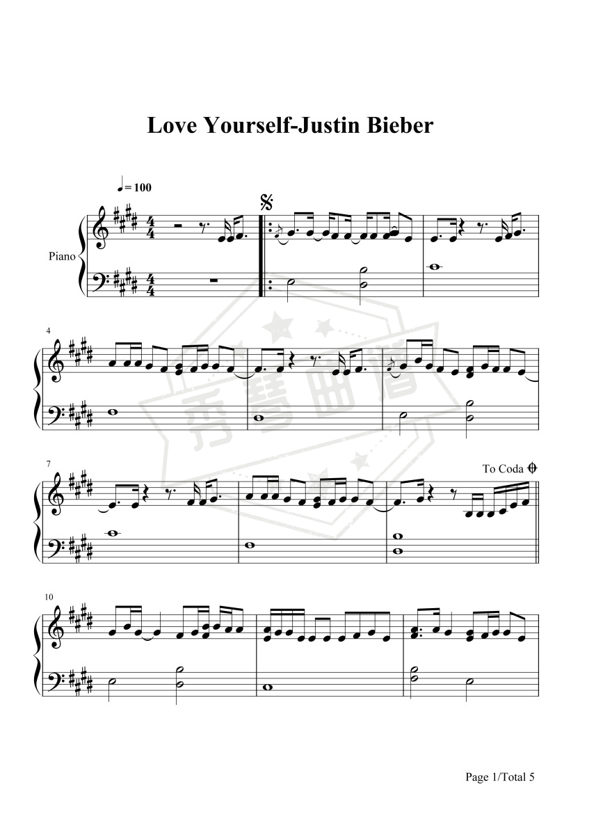 Love yourself-Justin Bieber-秀琴曲谱网