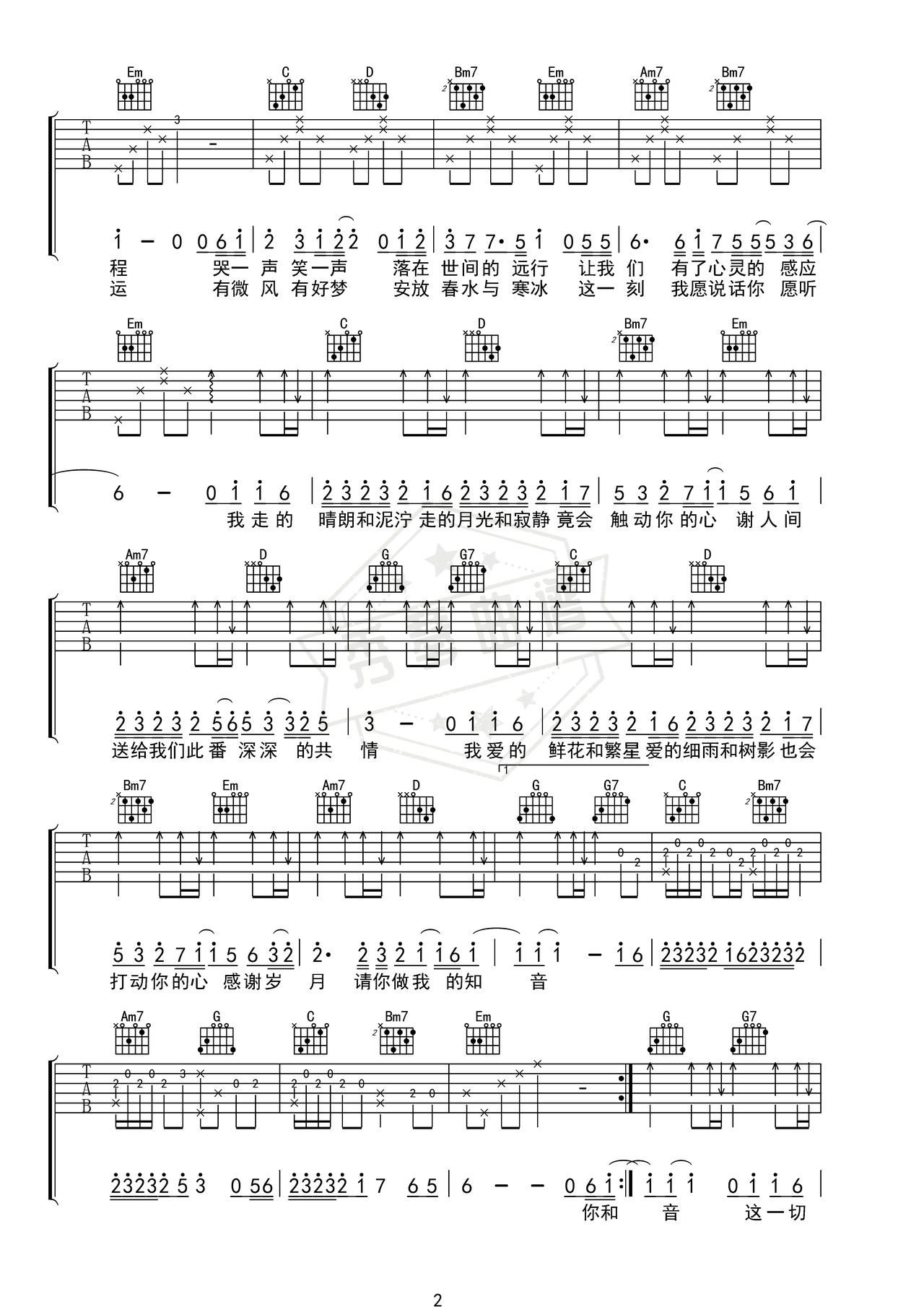 图片[2]-《人间共鸣》吉他简谱G调弹唱谱（李健）-秀琴曲谱网