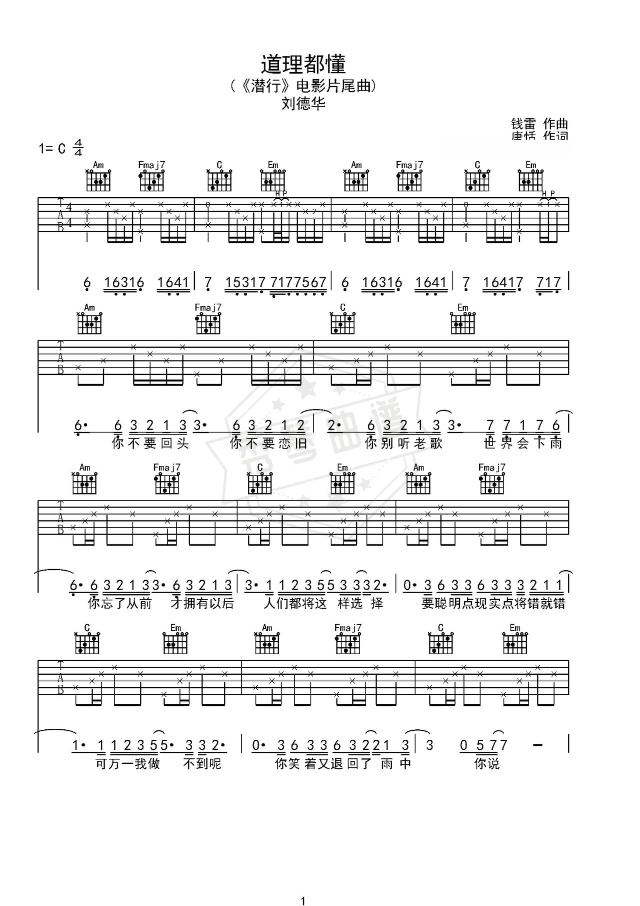 《道理都懂》吉他简谱C调弹唱谱（刘德华）-秀琴曲谱网
