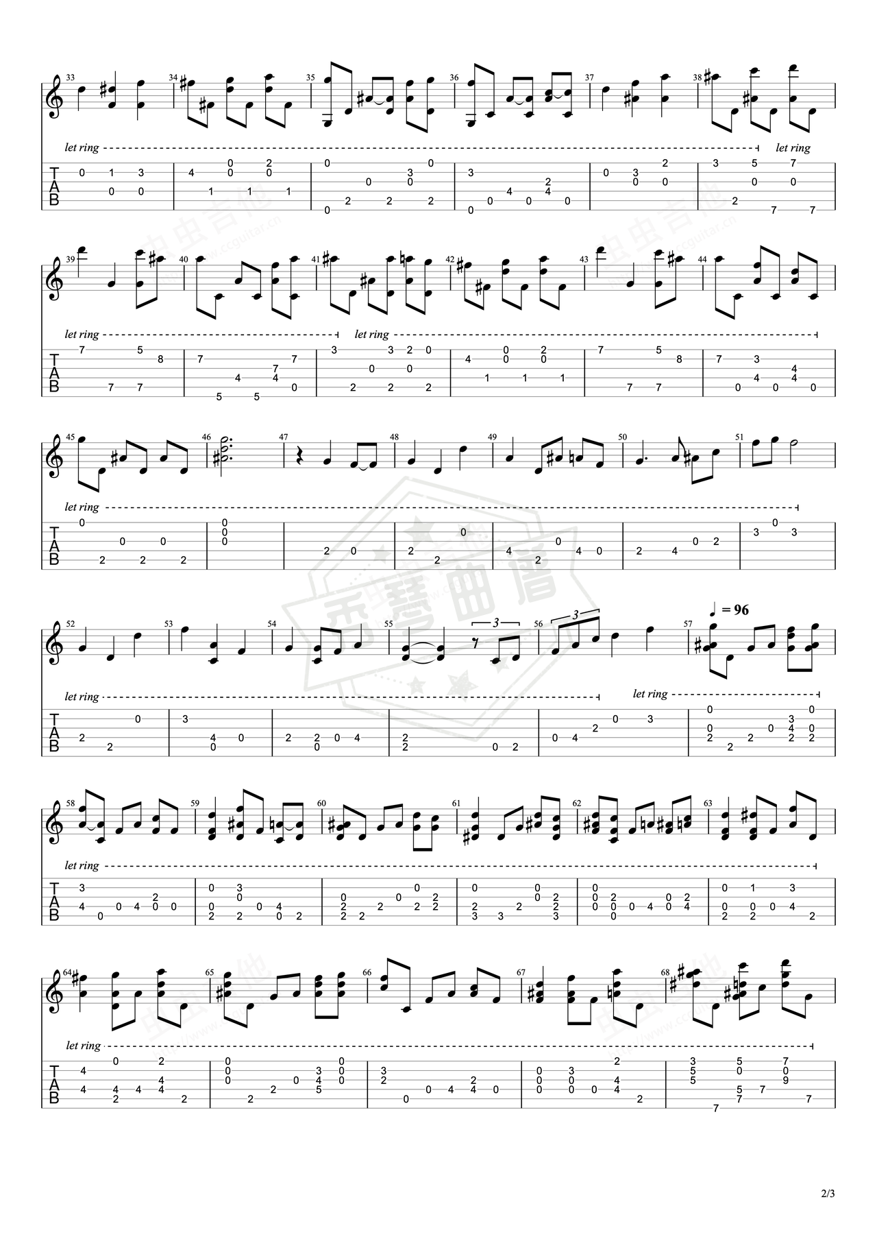 图片[2]-《记忆》吉他简谱Bb调指弹谱（Bruno  Wen-li）-秀琴曲谱网