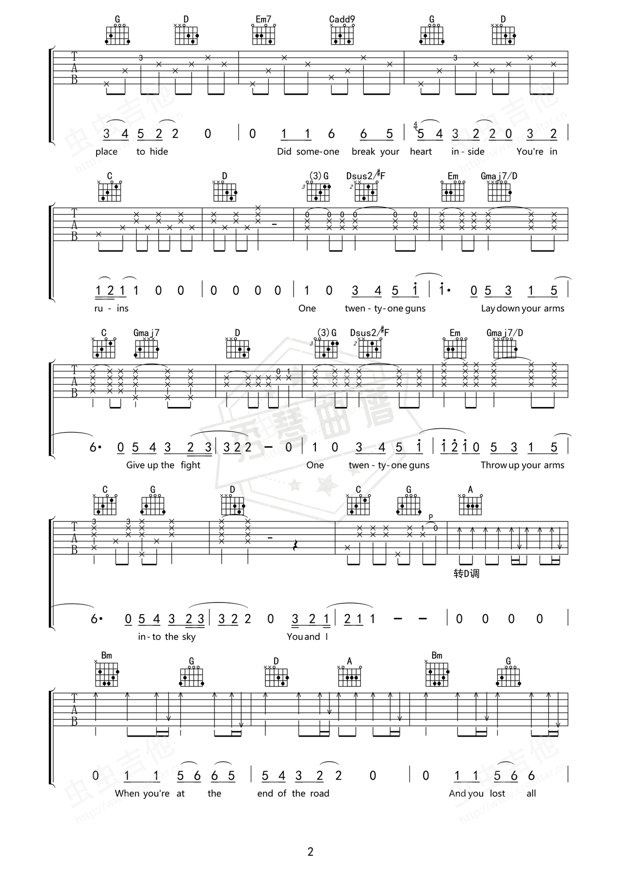 图片[2]-《21 Guns》吉他简谱Bb调弹唱谱（Green Day）-秀琴曲谱网