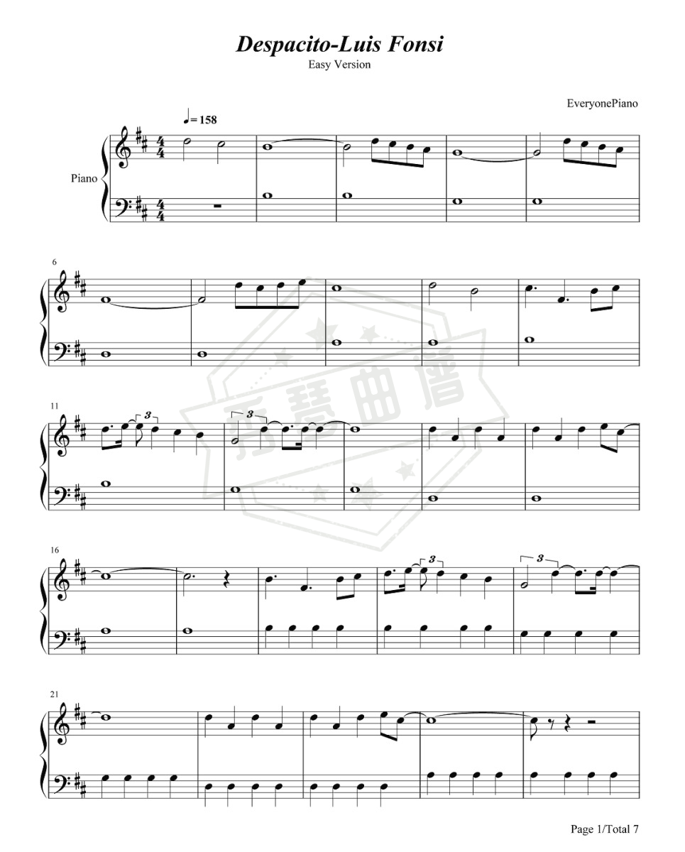 Luis Fonsi《Despacito》钢琴谱-秀琴曲谱网