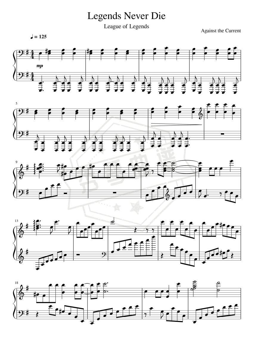 《Legends Never Die》钢琴五线谱g调演奏版-秀琴曲谱网