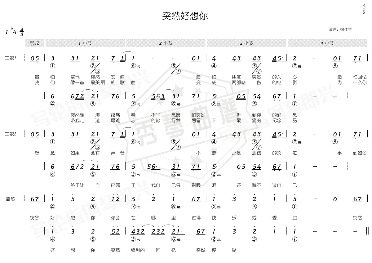 图片[2]-《突然好想你》钢琴,吉他简谱A调弹唱版-秀琴曲谱网