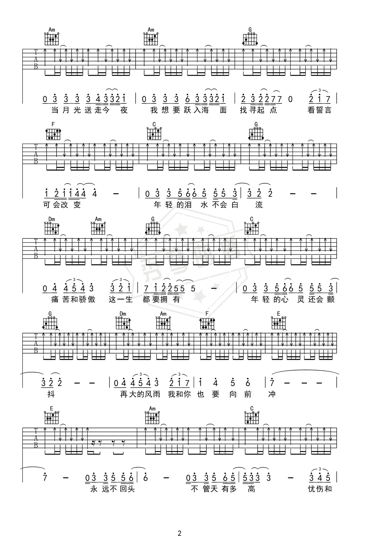 图片[2]-《永远不回头》吉他简谱C调弹唱谱（张雨生王杰姚可杰邰正宵）-秀琴曲谱网