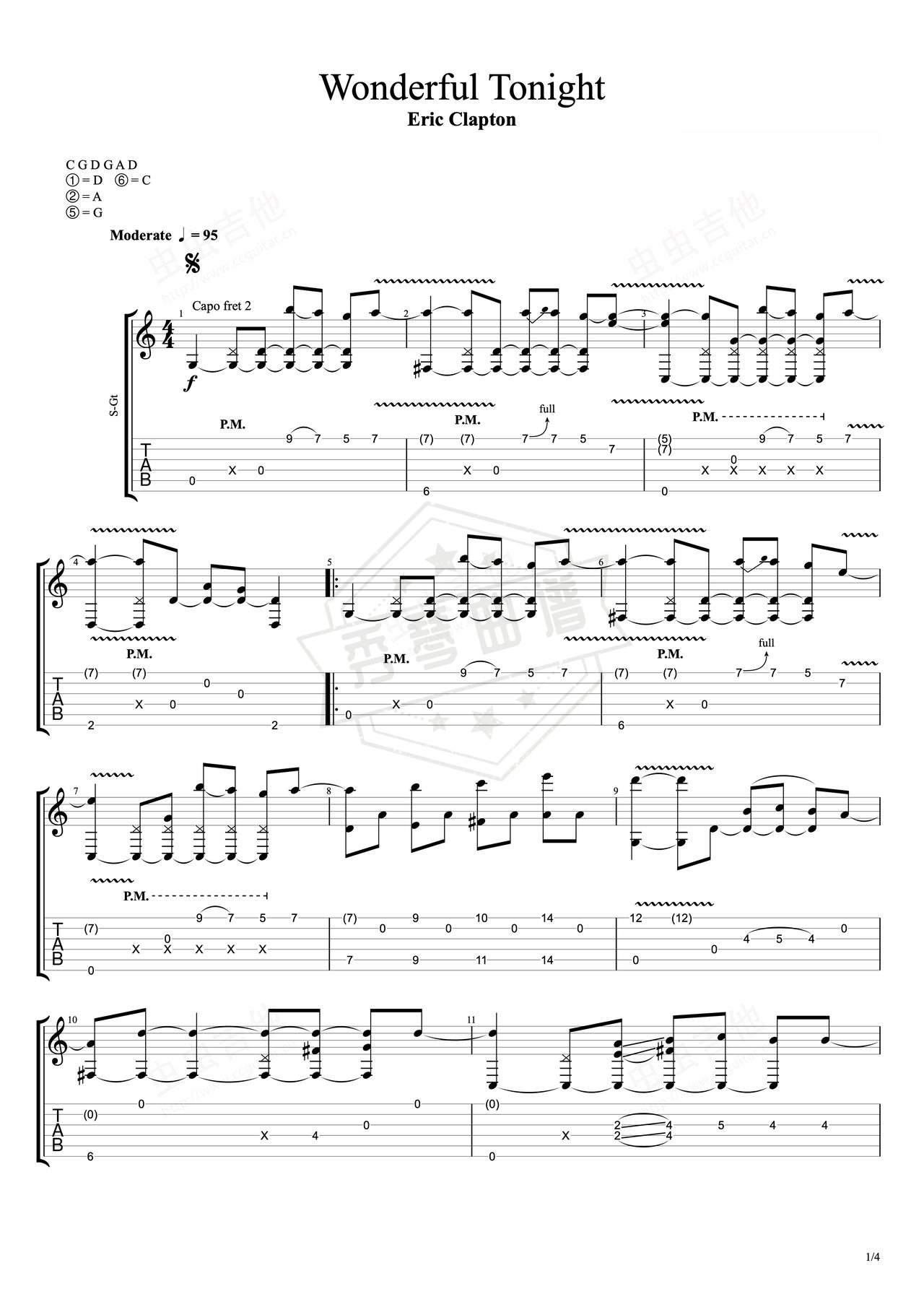 《Wonderful Tonight》吉他简谱A调指弹谱（Eric Clapton）-秀琴曲谱网