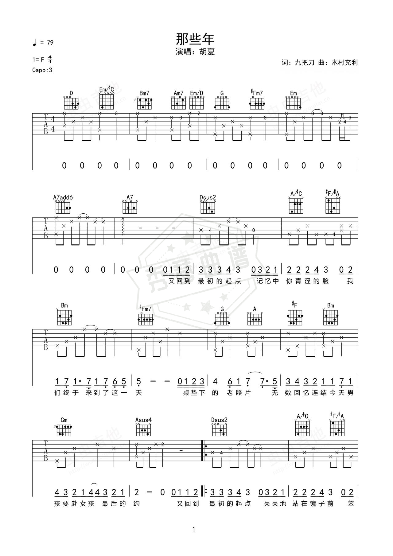 《那些年》吉他简谱F调弹唱谱（胡夏）-秀琴曲谱网