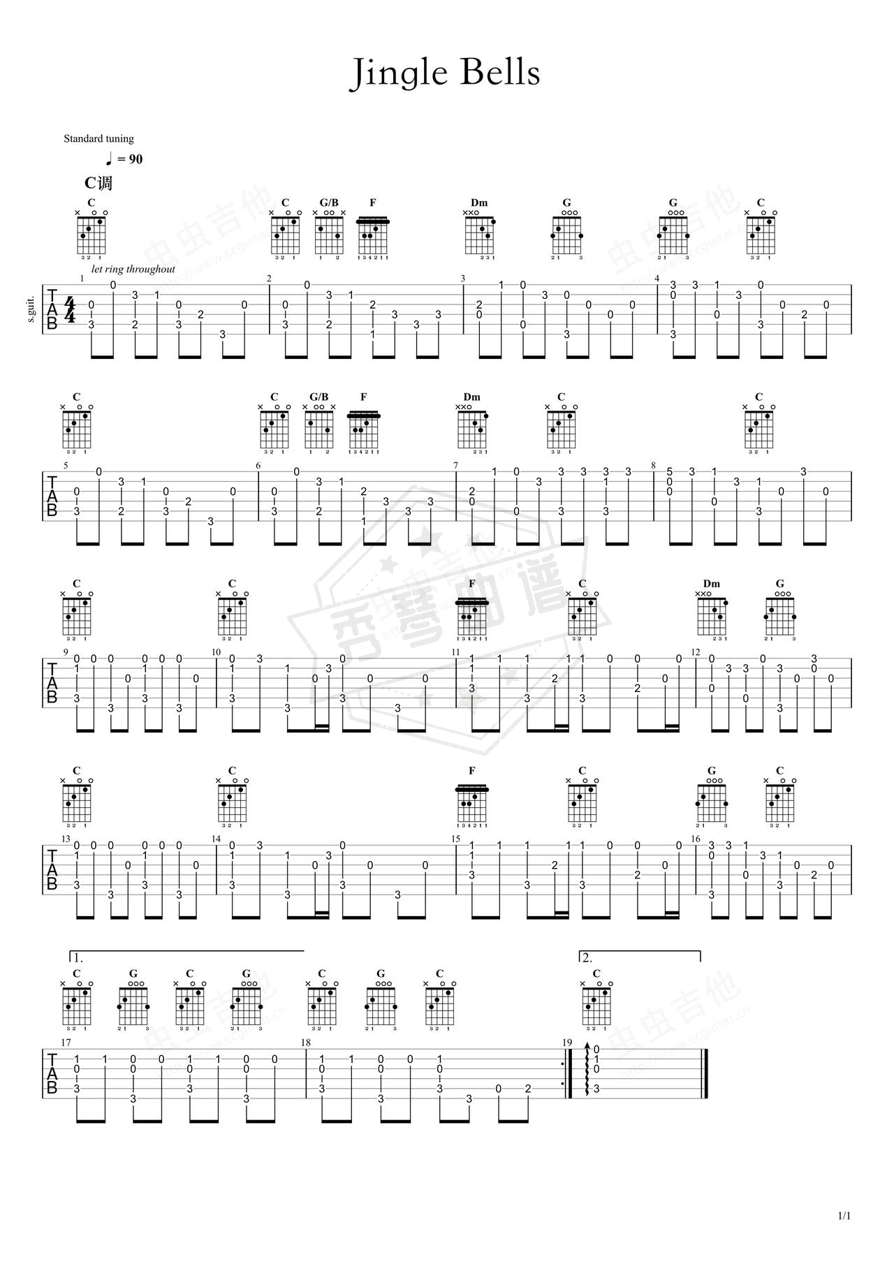 《Jingle Bells（铃儿响叮当）》吉他简谱C调指弹谱（詹姆斯·罗德·皮尔彭特）-秀琴曲谱网