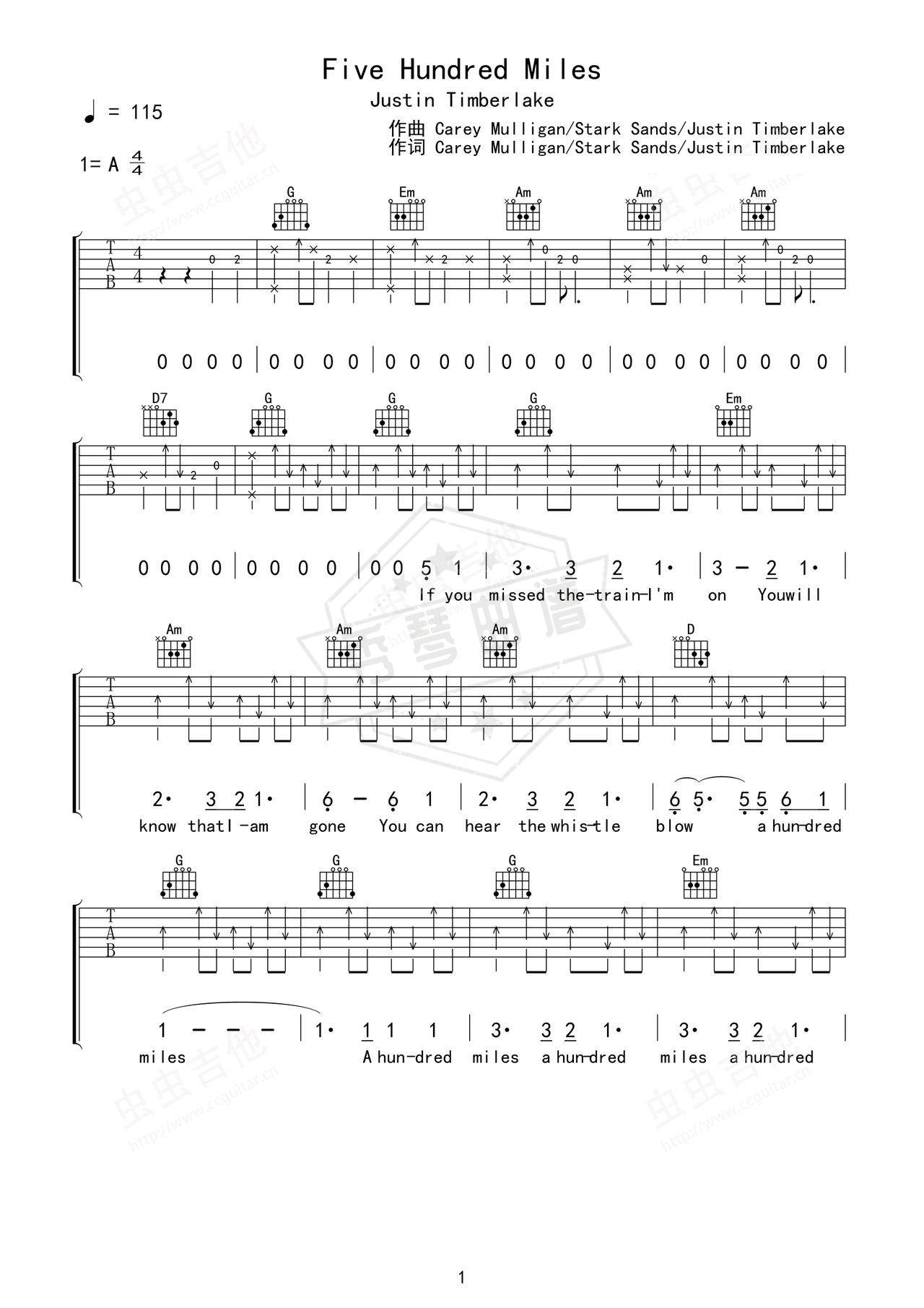 《Five Hundred Miles》吉他简谱A调弹唱谱（Justin Timberlake）-秀琴曲谱网
