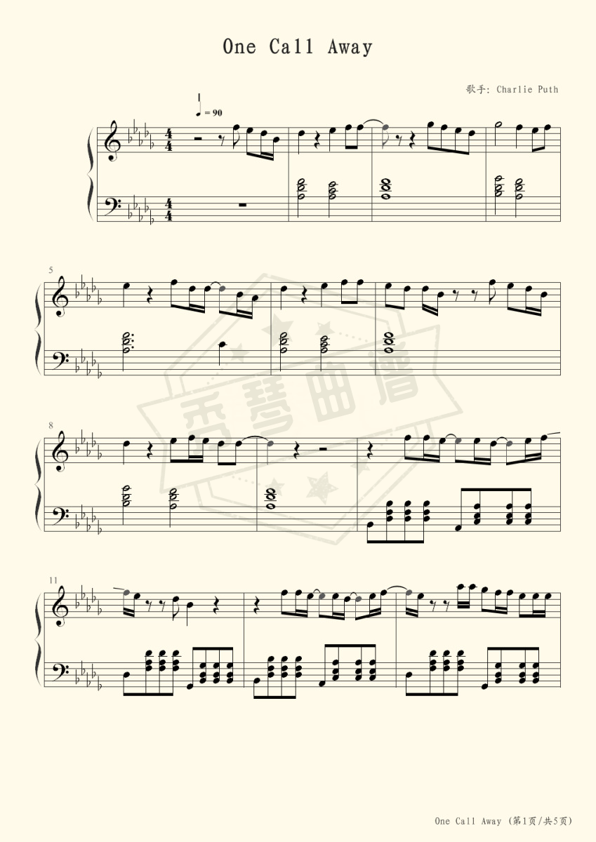 One Call Away[Charlie Puth]-Z0082-秀琴曲谱网
