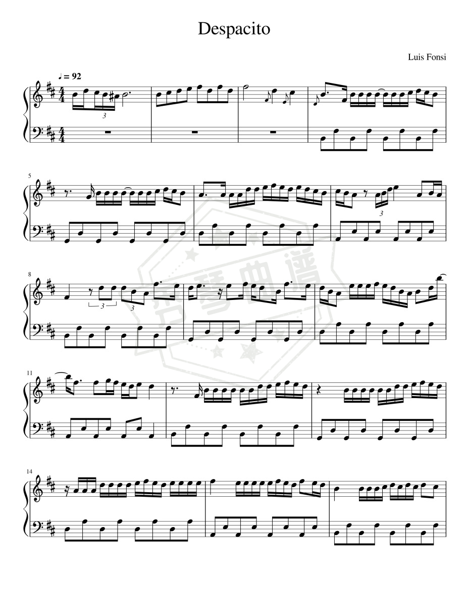 《Despacito》钢琴五线谱d调演奏版(Luis Fonsi)-秀琴曲谱网