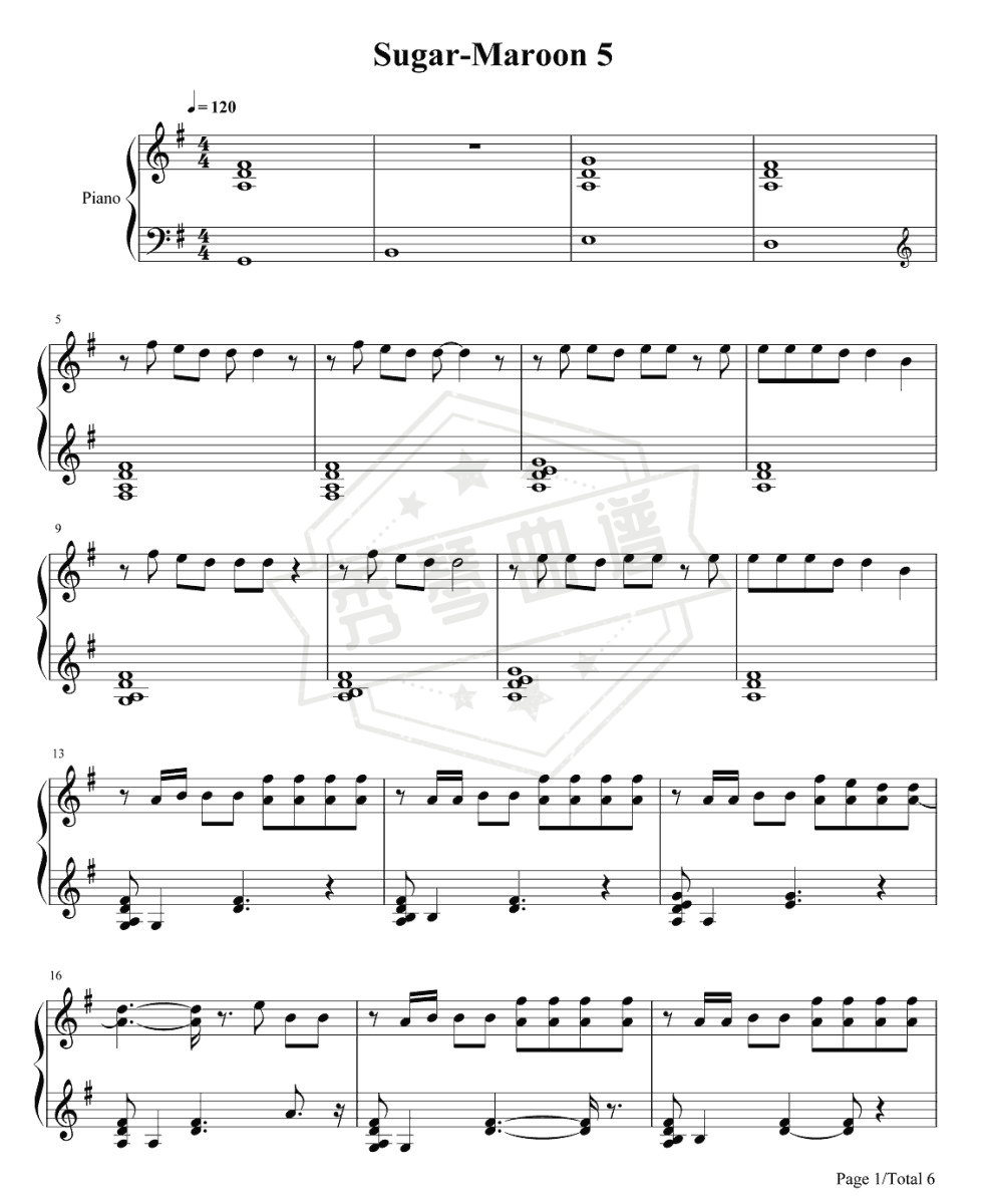 Maroon 5《Sugar》钢琴谱-秀琴曲谱网