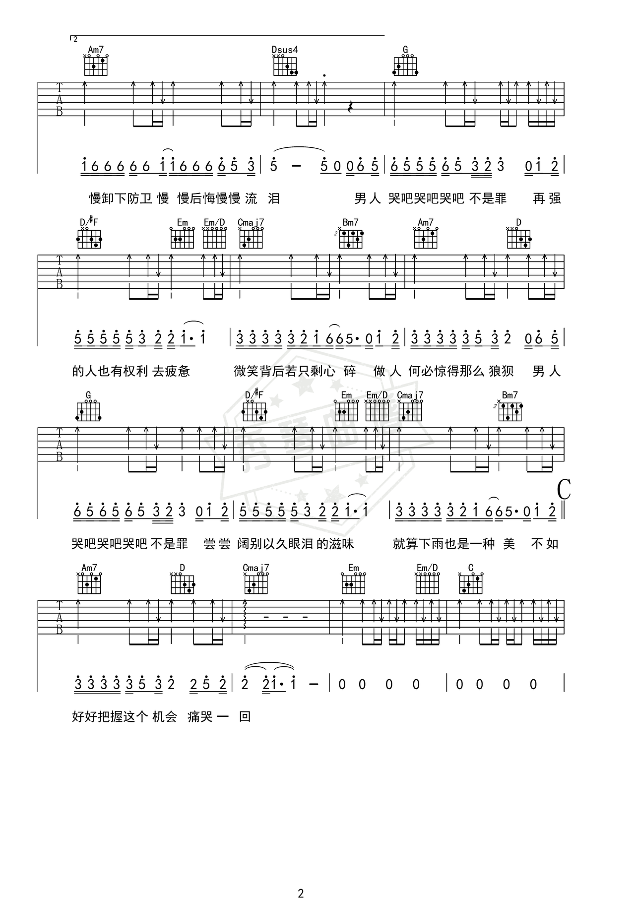图片[2]-《男人哭吧哭吧不是罪》吉他简谱G调弹唱谱（刘德华）-秀琴曲谱网