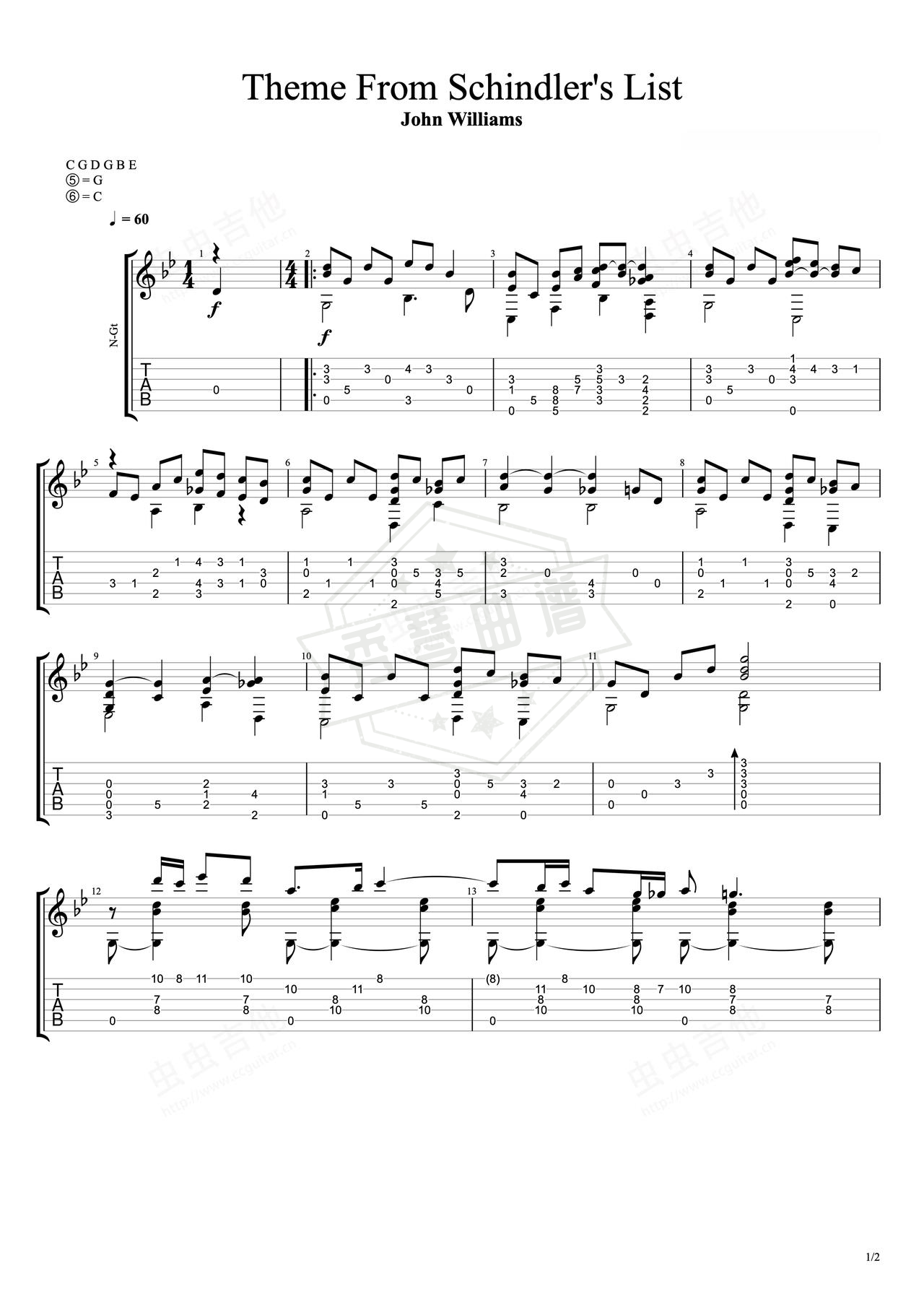 《Schindler’s List》吉他简谱Bb调指弹谱（John Williams）-秀琴曲谱网