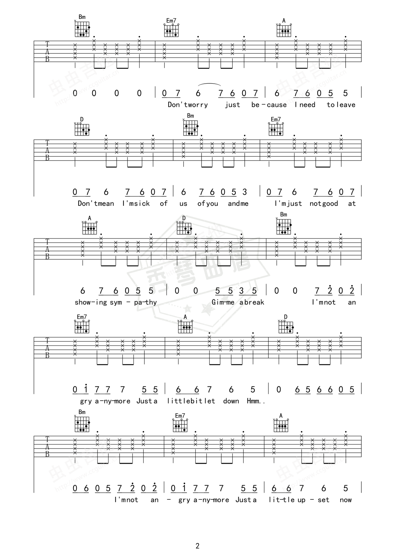 图片[2]-《not angry》吉他简谱Ab调弹唱谱（Chris James）-秀琴曲谱网